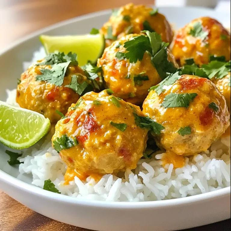 Um köstliche Kokos-Curry-Fleischbällchen zu machen, benötigst du: - 450 g gemahlenes Hähnchen oder Pute - 120 ml Semmelbrösel - 30 g geriebene (ungesüßte) Kokosnuss - 60 g frischer Koriander, fein gehackt - 1 Esslöffel frischer Ingwer, gerieben - 2 Knoblauchzehen, fein gehackt - 1 Esslöffel Currypulver - 1 Teelöffel Salz - 1/2 Teelöffel schwarzer Pfeffer - 1 Dose (400 ml) Kokosmilch - 2 Esslöffel rote Currypaste - 1 Esslöffel Limettensaft - 1 Esslöffel Pflanzenöl - Gekochter Reis zum Servieren - Limettenspalten und Koriander zum Garnieren Wenn du die besten Zutaten auswählst, achte auf die Frische. Frisches Fleisch hat mehr Geschmack. Wähle ungesüßte Kokosnuss für den besten Geschmack. Achte auch auf frischen Koriander. Er sollte grün und knackig sein. Currypaste kann unterschiedlich sein. Probiere verschiedene Marken aus, um deinen Favoriten zu finden. Verwende frischen Ingwer und Knoblauch für mehr Aroma. Diese Zutaten bieten viele Vorteile. Hähnchen oder Pute sind reich an Eiweiß. Sie helfen beim Muskelaufbau. Kokosmilch enthält gesunde Fette, die gut für das Herz sind. Koriander hat antioxidative Eigenschaften. Ingwer kann die Verdauung fördern. Knoblauch hat viele gesundheitliche Vorteile, wie die Stärkung des Immunsystems. Currypulver hat auch viele gesunde Zutaten, die Entzündungen reduzieren können. {{ingredient_image_2}} Zuerst musst du alle Zutaten bereitstellen. Das macht das Kochen einfacher und schneller. Hier ist, was du brauchst: - 450 g gemahlenes Hähnchen oder Pute - 120 ml Semmelbrösel - 30 g geriebene (ungesüßte) Kokosnuss - 60 g frischer Koriander, fein gehackt - 1 Esslöffel frischer Ingwer, gerieben - 2 Knoblauchzehen, fein gehackt - 1 Esslöffel Currypulver - 1 Teelöffel Salz - 1/2 Teelöffel schwarzer Pfeffer - 1 Dose (400 ml) Kokosmilch - 2 Esslöffel rote Currypaste - 1 Esslöffel Limettensaft - 1 Esslöffel Pflanzenöl - Gekochter Reis zum Servieren - Limettenspalten und Koriander zum Garnieren Sorge dafür, dass deine Küchenutensilien bereit sind. Ein großer Schüssel, ein Löffel und eine Pfanne sind wichtig. Jetzt mischst du alles in einer großen Schüssel. Gib das gemahlene Fleisch, die Semmelbrösel, die Kokosnuss, den Koriander, den Ingwer, den Knoblauch, das Currypulver, das Salz und den Pfeffer hinein. Mische alles gut mit einem Löffel. Sobald die Mischung gut vermengt ist, forme kleine Fleischbällchen. Sie sollten etwa 2,5 cm groß sein. Du bekommst etwa 20 Fleischbällchen. Erhitze das Pflanzenöl in einer großen Pfanne bei mittlerer Hitze. Setze die Fleischbällchen in die Pfanne und brate sie 5-7 Minuten an. Wende sie hin und wieder, bis sie goldbraun sind. Sie müssen noch nicht ganz durch sein. Füge nun die rote Currypaste in die Pfanne. Brate sie etwa 1 Minute an, bis sie duftet. Jetzt kommt die Kokosmilch und der Limettensaft hinzu. Rühre alles gut um und lasse es sanft köcheln. Gib die Fleischbällchen zurück in die Pfanne. Decke die Pfanne ab und lasse alles 10-15 Minuten köcheln. Die Fleischbällchen sind fertig, wenn sie ganz durchgegart sind. Probiere die Sauce und füge nach Belieben mehr Salz oder Limettensaft hinzu. Serviere die Fleischbällchen auf dem gekochten Reis und beträufle sie mit der Kokos-Currysauce. Dekoriere das Gericht mit frischem Koriander und Limettenspalten. Um die perfekte Textur für deine Fleischbällchen zu bekommen, ist es wichtig, die Mischung gut zu kneten. Du solltest das gemahlene Hähnchen oder die Pute mit den Semmelbröseln und der Kokosnuss gut vermengen. Achte darauf, den Koriander, Ingwer und Knoblauch gleichmäßig zu verteilen. So bleibt jede Fleischbällchen saftig und hat einen tollen Geschmack. Wenn du die Bällchen formst, arbeite schnell und sanft, damit sie nicht zu fest werden. Die ideale Größe ist etwa 2,5 cm im Durchmesser. Um den Geschmack zu intensivieren, kannst du mehr Currypulver oder frischen Ingwer hinzufügen. Auch ein Schuss Limettensaft in der Mischung hilft, die Aromen zu heben. Probiere auch, etwas frischen Chili für eine scharfe Note hinzuzufügen. Wenn du die rote Currypaste in der Pfanne anbrätst, kannst du die Aromen aktivieren. Rühre sie gut um, bis sie duftet, bevor du die Kokosmilch hinzufügst. Das Anrichten macht viel Spaß! Lege die Fleischbällchen schön auf den gekochten Reis. Übergieße sie mit der köstlichen Kokos-Currysauce. Für die Garnitur benutze frischen Koriander und Limettenspalten. Das macht das Gericht nicht nur bunt, sondern bringt auch frische Aromen. Du kannst die Fleischbällchen auch in einer großen Schüssel servieren, damit jeder sich selbst bedienen kann. Pro Tipps Fleischwahl: Verwenden Sie frisches, hochwertiges Hähnchen oder Pute für den besten Geschmack und eine saftige Konsistenz. Kokosraspeln: Achten Sie darauf, ungesüßte Kokosraspeln zu verwenden, um den natürlichen Geschmack der Zutaten nicht zu überdecken. Würzen: Kosten Sie die Sauce am Ende der Kochzeit und passen Sie die Gewürze nach Ihrem Geschmack an, um das perfekte Aroma zu erzielen. Servierideen: Ergänzen Sie die Fleischbällchen mit frischem Gemüse oder einem knackigen Salat für eine ausgewogene Mahlzeit. {{image_4}} Für eine vegetarische oder vegane Version der Kokos-Curry-Fleischbällchen können Sie gemahlene Kichererbsen oder Tofu verwenden. Diese Zutaten bieten eine tolle Textur. Mischen Sie sie mit Semmelbröseln, Kokosnuss und Gewürzen. Sie erhalten ein köstliches Gericht, das auch ohne Fleisch großartig schmeckt. Experimentieren Sie mit verschiedenen Gewürzen, um den Geschmack zu variieren. Fügen Sie Kreuzkümmel oder Zimt hinzu, um eine besondere Note zu erreichen. Frische Kräuter wie Basilikum oder Minze bringen frische Aromen. Diese Anpassungen machen das Gericht noch spannender und einzigartiger. Kokos-Curry-Fleischbällchen passen hervorragend zu gekochtem Reis. Sie können auch Quinoa oder Blumenkohlreis verwenden. Servieren Sie das Gericht mit Limettenspalten und frischem Koriander. Diese Beilagen bringen Farbe und Frische. Wenn Sie das Gericht noch reichhaltiger machen wollen, fügen Sie einen Salat oder gebratenes Gemüse hinzu. Um die Kokos-Curry-Fleischbällchen frisch zu halten, lege sie in einen luftdichten Behälter. Stelle sicher, dass sie vollständig abgekühlt sind, bevor du sie lagerst. So bleibt ihr Geschmack und ihre Textur erhalten. Bei richtiger Lagerung kannst du sie bis zu drei Tage im Kühlschrank aufbewahren. Wenn du Reste hast, kannst du diese auch einfrieren. Lege die Fleischbällchen in einen gefriergeeigneten Behälter. Achte darauf, die Fleischbällchen mit etwas Sauce zu bedecken, damit sie nicht austrocknen. Diese Methode erhält den Geschmack und die Feuchtigkeit. Im Gefrierfach bleiben sie bis zu drei Monate frisch. Um die Fleischbällchen erneut zu erhitzen, nimm sie aus dem Kühlschrank oder Gefrierfach. Wenn sie gefroren sind, lasse sie zuerst im Kühlschrank auftauen. Erhitze sie in einer Pfanne bei mittlerer Hitze. Füge etwas Kokosmilch oder Wasser hinzu, um die Sauce flüssiger zu machen. Rühre gut um, bis sie gleichmäßig heiß sind. So bleiben die Fleischbällchen saftig und lecker. Die Zubereitung von Kokos-Curry-Fleischbällchen dauert etwa 30 Minuten. Die Vorbereitungszeit liegt bei 15 Minuten. Das Kochen der Fleischbällchen in der Sauce dauert 10 bis 15 Minuten. Diese Zeit ist perfekt für ein schnelles, leckeres Essen. Ja, du kannst die Fleischbällchen im Voraus zubereiten. Du kannst sie bis zu zwei Tage im Voraus formen und im Kühlschrank lagern. So sparst du Zeit, wenn du sie später kochen möchtest. Stelle sicher, dass du sie gut abdeckst, damit sie frisch bleiben. Zu Kokos-Curry-Fleischbällchen passen viele Beilagen gut. Gekochter Reis ist sehr beliebt. Du kannst auch Quinoa oder Nudeln verwenden. Für etwas Frische eignen sich gedämpftes Gemüse oder ein leichter Salat. Limettenspalten und frischer Koriander sind tolle Garnituren. Kokos-Curry-Fleischbällchen sind einfach zuzubereiten und lecker. Wir haben die besten Zutaten ausgewählt und deren Vorteile erklärt. Die Schritt-für-Schritt-Anleitung hilft dir, perfekte Fleischbällchen zu machen. Mit Tipps für Textur und Aromen hast du viele Optionen. Ob vegetarisch oder mit verschiedenen Gewürzen, es gibt viele Variationen. Lagere deine Reste richtig, um den guten Geschmack zu bewahren. Vertraue auf diese Tipps, um jedes Gericht zu genießen und weiterzugeben. Tu dir selbst einen Gefallen und probiere es aus!
