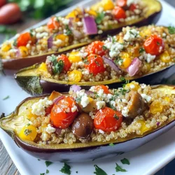 Für dieses Rezept brauchst du: - 2 mittelgroße Auberginen - 1 Tasse gekochte Quinoa - 1 Tasse Kirschtomaten, gewürfelt - 1/2 Tasse Kalamata-Oliven, grob gehackt - 1/2 Tasse Fetakäse, zerkrümelt - 1 kleine rote Zwiebel, gewürfelt - 2 Knoblauchzehen, fein gehackt Diese Zutaten bilden die Basis für deine gefüllten Auberginen. Sie bringen viele Farben und Aromen in dein Gericht. Für den perfekten Geschmack benötigst du: - 1 Teelöffel getrockneter Oregano - 1 Teelöffel geräucherter Paprika - 2 Esslöffel Olivenöl - Salz und Pfeffer nach Geschmack Die Gewürze verleihen dem Gericht einen mediterranen Flair. Olivenöl sorgt für eine leckere Note und hilft beim Anbraten. Um deine gefüllten Auberginen schön zu gestalten, verwende: - Frische Petersilie, gehackt Die Petersilie ist nicht nur gesund, sondern bringt auch Farbe. Sie rundet das Gericht ab und macht es ansprechend. {{ingredient_image_2}} Zuerst heizen Sie Ihren Ofen auf 190°C vor. Schneiden Sie die Auberginen der Länge nach in zwei Hälften. Mit einem Löffel schöpfen Sie das Fruchtfleisch vorsichtig heraus. Lassen Sie einen Rand, um eine Boot-Form zu erhalten. Würfeln Sie das Fruchtfleisch und legen es beiseite. Diese Vorbereitung hilft, die Auberginen perfekt zu füllen. Jetzt erhitzen Sie in einer großen Pfanne das Olivenöl bei mittlerer Hitze. Geben Sie die gewürfelten roten Zwiebeln und den gehackten Knoblauch dazu. Braten Sie sie an, bis die Zwiebeln glasig sind, etwa 3 bis 4 Minuten. Fügen Sie das gewürfelte Auberginenfleisch, den geräucherten Paprika und Oregano hinzu. Kochen Sie alles für 5 bis 7 Minuten, bis das Auberginenfleisch zart wird. Rühren Sie dann die gekochte Quinoa, die Kirschtomaten, die Oliven und den zerkrümelten Feta-Käse ein. Mit Salz und Pfeffer abschmecken. Mischen Sie alles gut, bis die Füllung warm ist. Jetzt ist es Zeit, die Auberginenhälften zu füllen. Geben Sie die Füllung großzügig in jede Hälfte. Legen Sie die gefüllten Auberginen auf ein Backblech. Backen Sie sie im Ofen für 25 bis 30 Minuten. Sie sind fertig, wenn die Auberginen zart sind und die Oberseite goldbraun ist. Lassen Sie die Auberginen leicht abkühlen. Garnieren Sie sie dann mit frischer Petersilie. Voilà! Ihr Gericht ist bereit zum Genießen. Um die besten gefüllten Auberginen zu machen, achte auf die folgenden Punkte: - Wähle frische Auberginen. Sie sollten fest und glänzend sein. - Koche die Quinoa vorher gut. Sie sollte locker und nicht matschig sein. - Schneide die Auberginen gleichmäßig. So garen sie gleichmäßig. - Verwende frische Kräuter. Sie bringen mehr Geschmack in dein Gericht. Einige häufige Fehler können dein Rezept ruinieren. Vermeide diese: - Lass das Fruchtfleisch der Auberginen nicht zu lange in der Pfanne. Es sollte zart, aber nicht matschig sein. - Überfülle die Auberginen nicht. Die Füllung sollte gut gepresst, aber nicht überquellend sein. - Backe die Auberginen nicht zu lange. Sie sollten zart sein, aber nicht zerfallen. Um den besten Geschmack zu erzielen, hier einige Tipps: - Verwende geräuchertes Paprika. Es fügt einen tollen, tiefen Geschmack hinzu. - Lass die gefüllten Auberginen etwas abkühlen. Die Aromen vermischen sich besser. - Garniere mit frischer Petersilie. Sie bringt Farbe und Frische ins Gericht. Mit diesen Tipps machst du deine mediterranen gefüllten Auberginen zu einem echten Genuss! Pro Tipps Auberginen vorbereiten: Lassen Sie die Auberginen nach dem Herausnehmen des Fruchtfleisches für 30 Minuten mit Salz ruhen. Dies entzieht ihnen Bitterstoffe und sorgt für einen besseren Geschmack. Quinoa kochen: Kochen Sie die Quinoa in Gemüsebrühe anstelle von Wasser, um der Füllung mehr Geschmack zu verleihen. Variationen hinzufügen: Fügen Sie andere Gemüse wie Paprika oder Zucchini dazu, um die Füllung noch bunter und nahrhafter zu gestalten. Feta-Alternative: Wenn Sie keinen Feta mögen, können Sie stattdessen Ziegenkäse oder eine vegane Käsealternative verwenden. {{image_4}} Wenn du eine vegetarische oder vegane Option suchst, gibt es viele Möglichkeiten. Du kannst den Feta-Käse einfach durch eine pflanzliche Alternative ersetzen. Tofu ist auch eine gute Wahl. Es kann zerbröckelt und gewürzt werden, um den Feta zu ersetzen. Für den Geschmack kannst du auch Hefeflocken hinzufügen. Diese geben ein käsiges Aroma. Eine weitere Option ist, die Quinoa mit Linsen zu mischen. So erhältst du mehr Protein und Ballaststoffe. Du kannst die Füllung nach deinem Geschmack anpassen. Füge mehr Gemüse hinzu, wie Paprika oder Zucchini. Diese Gemüse geben mehr Farbe und Textur. Auch Nüsse oder Samen sind eine tolle Ergänzung. Sie fügen Crunch hinzu und machen das Gericht noch gesünder. Wenn du es schärfer magst, kannst du etwas Chili oder Cayennepfeffer einstreuen. Diese kleinen Änderungen machen deine gefüllten Auberginen einzigartig. Für dieses Rezept brauchst du nur wenige Küchengeräte. Eine große Pfanne ist wichtig, um die Füllung zu kochen. Ein scharfes Messer hilft dir, die Auberginen leicht zu schneiden. Ein Löffel eignet sich perfekt, um das Fruchtfleisch herauszuschöpfen. Du benötigst auch ein Backblech, um die gefüllten Auberginen zu backen. Wenn du viele Zutaten hacken musst, ist ein Küchenmesser oder eine Küchenmaschine hilfreich. Damit geht es schnell und einfach. Um die gefüllten Auberginen frisch zu halten, lege sie in einen luftdichten Behälter. Stelle sicher, dass der Behälter gut verschlossen ist. Du kannst die Auberginen auch mit Frischhaltefolie abdecken. Lagere sie im Kühlschrank. Dort bleiben sie 3 bis 4 Tage frisch. Wenn du die gefüllten Auberginen einfrieren möchtest, lasse sie zuerst abkühlen. Packe sie dann in einen gefrierfesten Behälter oder in Gefrierbeutel. So bleiben sie bis zu 3 Monate haltbar. Um sie wieder aufzuwärmen, tau die Auberginen über Nacht im Kühlschrank auf. Heize den Ofen auf 180°C vor und backe sie 20 Minuten lang. So werden sie wieder warm und lecker. Die Haltbarkeit der gefüllten Auberginen hängt von der Lagerung ab. Im Kühlschrank halten sie sich 3 bis 4 Tage. Wenn du sie einfrierst, bleiben sie bis zu 3 Monate gut. Achte darauf, sie gut zu verpacken, damit sie keinen Frostgeschmack bekommen. Vor dem Verzehr prüfe, ob sie noch frisch riechen. Salzen ist wichtig, um Bitterkeit zu entfernen. Ich empfehle, die Auberginen 30 Minuten bis 1 Stunde zu salzen. Das Salz zieht Wasser und Bitterstoffe heraus. Nach dem Salzen spülen Sie die Auberginen gut ab und trocknen sie. So wird der Geschmack besser und die Textur auch. Ja, Sie können Quinoa durch Reis ersetzen. Reis hat eine andere Textur, aber es funktioniert gut. Verwenden Sie gekochten Reis, um die Füllung saftig zu halten. Achten Sie darauf, den Reis gut zu würzen. So bleibt der Geschmack frisch und lecker. Es gibt viele Möglichkeiten für Füllungen. Probieren Sie schwarzes oder grünes Linsen anstelle von Quinoa. Auch Hackfleisch oder Tofu sind gute Alternativen. Sie können auch verschiedene Gemüse wie Paprika oder Zucchini hinzufügen. Experimentieren Sie mit Gewürzen, um neue Aromen zu entdecken. Mediterrane gefüllte Auberginen bieten viele leckere Möglichkeiten. Ich habe die Hauptzutaten, Gewürze und die besten Garnierungen besprochen. Eine Schritt-für-Schritt-Anleitung macht die Zubereitung einfach. Tipp und Tricks helfen, häufige Fehler zu vermeiden und den Geschmack zu maximieren. Denk auch an Variationen und die richtigen Lagerung, um das Beste aus deinem Gericht herauszuholen. Mit den Antworten auf häufig gestellte Fragen bist du gut vorbereitet. Probiere es aus und genieße die Aromen des Mittelmeers!