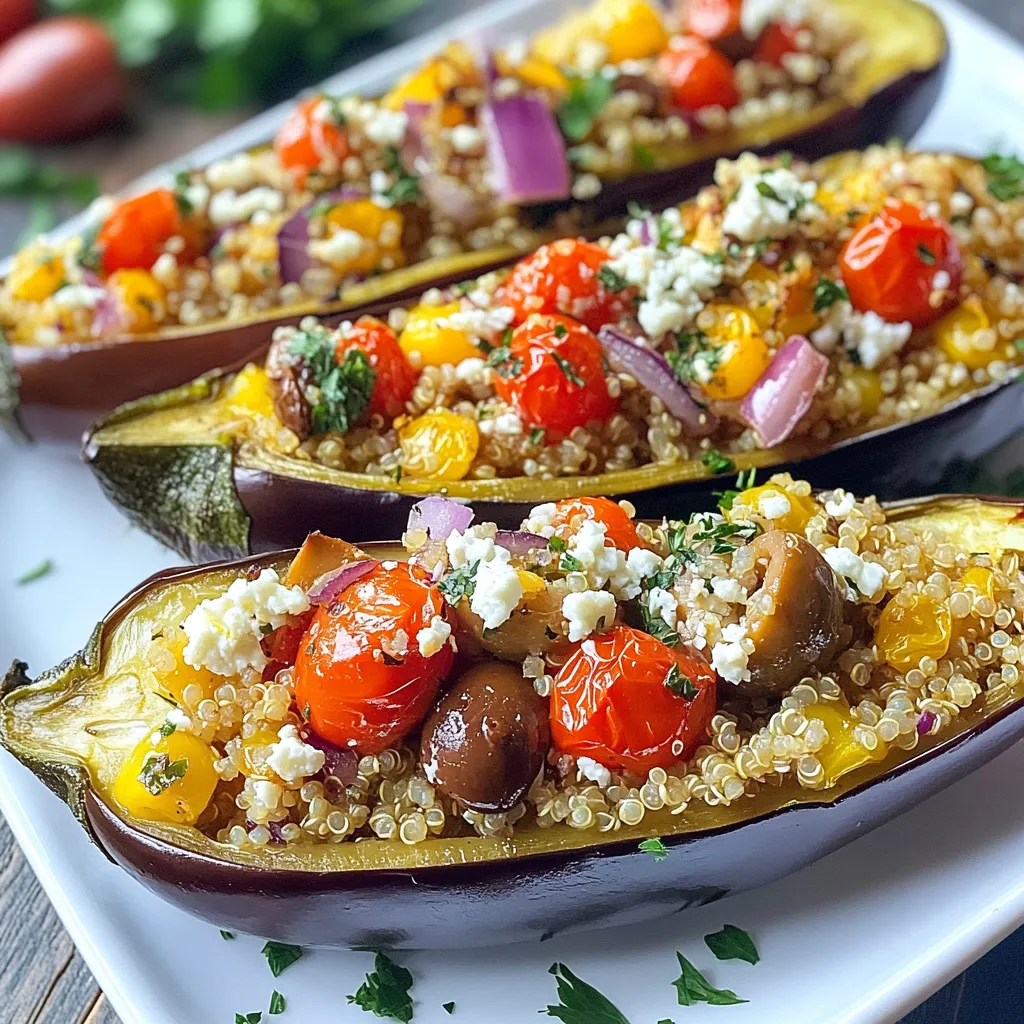 Für dieses Rezept brauchst du: - 2 mittelgroße Auberginen - 1 Tasse gekochte Quinoa - 1 Tasse Kirschtomaten, gewürfelt - 1/2 Tasse Kalamata-Oliven, grob gehackt - 1/2 Tasse Fetakäse, zerkrümelt - 1 kleine rote Zwiebel, gewürfelt - 2 Knoblauchzehen, fein gehackt Diese Zutaten bilden die Basis für deine gefüllten Auberginen. Sie bringen viele Farben und Aromen in dein Gericht. Für den perfekten Geschmack benötigst du: - 1 Teelöffel getrockneter Oregano - 1 Teelöffel geräucherter Paprika - 2 Esslöffel Olivenöl - Salz und Pfeffer nach Geschmack Die Gewürze verleihen dem Gericht einen mediterranen Flair. Olivenöl sorgt für eine leckere Note und hilft beim Anbraten. Um deine gefüllten Auberginen schön zu gestalten, verwende: - Frische Petersilie, gehackt Die Petersilie ist nicht nur gesund, sondern bringt auch Farbe. Sie rundet das Gericht ab und macht es ansprechend. {{ingredient_image_2}} Zuerst heizen Sie Ihren Ofen auf 190°C vor. Schneiden Sie die Auberginen der Länge nach in zwei Hälften. Mit einem Löffel schöpfen Sie das Fruchtfleisch vorsichtig heraus. Lassen Sie einen Rand, um eine Boot-Form zu erhalten. Würfeln Sie das Fruchtfleisch und legen es beiseite. Diese Vorbereitung hilft, die Auberginen perfekt zu füllen. Jetzt erhitzen Sie in einer großen Pfanne das Olivenöl bei mittlerer Hitze. Geben Sie die gewürfelten roten Zwiebeln und den gehackten Knoblauch dazu. Braten Sie sie an, bis die Zwiebeln glasig sind, etwa 3 bis 4 Minuten. Fügen Sie das gewürfelte Auberginenfleisch, den geräucherten Paprika und Oregano hinzu. Kochen Sie alles für 5 bis 7 Minuten, bis das Auberginenfleisch zart wird. Rühren Sie dann die gekochte Quinoa, die Kirschtomaten, die Oliven und den zerkrümelten Feta-Käse ein. Mit Salz und Pfeffer abschmecken. Mischen Sie alles gut, bis die Füllung warm ist. Jetzt ist es Zeit, die Auberginenhälften zu füllen. Geben Sie die Füllung großzügig in jede Hälfte. Legen Sie die gefüllten Auberginen auf ein Backblech. Backen Sie sie im Ofen für 25 bis 30 Minuten. Sie sind fertig, wenn die Auberginen zart sind und die Oberseite goldbraun ist. Lassen Sie die Auberginen leicht abkühlen. Garnieren Sie sie dann mit frischer Petersilie. Voilà! Ihr Gericht ist bereit zum Genießen. Um die besten gefüllten Auberginen zu machen, achte auf die folgenden Punkte: - Wähle frische Auberginen. Sie sollten fest und glänzend sein. - Koche die Quinoa vorher gut. Sie sollte locker und nicht matschig sein. - Schneide die Auberginen gleichmäßig. So garen sie gleichmäßig. - Verwende frische Kräuter. Sie bringen mehr Geschmack in dein Gericht. Einige häufige Fehler können dein Rezept ruinieren. Vermeide diese: - Lass das Fruchtfleisch der Auberginen nicht zu lange in der Pfanne. Es sollte zart, aber nicht matschig sein. - Überfülle die Auberginen nicht. Die Füllung sollte gut gepresst, aber nicht überquellend sein. - Backe die Auberginen nicht zu lange. Sie sollten zart sein, aber nicht zerfallen. Um den besten Geschmack zu erzielen, hier einige Tipps: - Verwende geräuchertes Paprika. Es fügt einen tollen, tiefen Geschmack hinzu. - Lass die gefüllten Auberginen etwas abkühlen. Die Aromen vermischen sich besser. - Garniere mit frischer Petersilie. Sie bringt Farbe und Frische ins Gericht. Mit diesen Tipps machst du deine mediterranen gefüllten Auberginen zu einem echten Genuss! Pro Tipps Auberginen vorbereiten: Lassen Sie die Auberginen nach dem Herausnehmen des Fruchtfleisches für 30 Minuten mit Salz ruhen. Dies entzieht ihnen Bitterstoffe und sorgt für einen besseren Geschmack. Quinoa kochen: Kochen Sie die Quinoa in Gemüsebrühe anstelle von Wasser, um der Füllung mehr Geschmack zu verleihen. Variationen hinzufügen: Fügen Sie andere Gemüse wie Paprika oder Zucchini dazu, um die Füllung noch bunter und nahrhafter zu gestalten. Feta-Alternative: Wenn Sie keinen Feta mögen, können Sie stattdessen Ziegenkäse oder eine vegane Käsealternative verwenden. {{image_4}} Wenn du eine vegetarische oder vegane Option suchst, gibt es viele Möglichkeiten. Du kannst den Feta-Käse einfach durch eine pflanzliche Alternative ersetzen. Tofu ist auch eine gute Wahl. Es kann zerbröckelt und gewürzt werden, um den Feta zu ersetzen. Für den Geschmack kannst du auch Hefeflocken hinzufügen. Diese geben ein käsiges Aroma. Eine weitere Option ist, die Quinoa mit Linsen zu mischen. So erhältst du mehr Protein und Ballaststoffe. Du kannst die Füllung nach deinem Geschmack anpassen. Füge mehr Gemüse hinzu, wie Paprika oder Zucchini. Diese Gemüse geben mehr Farbe und Textur. Auch Nüsse oder Samen sind eine tolle Ergänzung. Sie fügen Crunch hinzu und machen das Gericht noch gesünder. Wenn du es schärfer magst, kannst du etwas Chili oder Cayennepfeffer einstreuen. Diese kleinen Änderungen machen deine gefüllten Auberginen einzigartig. Für dieses Rezept brauchst du nur wenige Küchengeräte. Eine große Pfanne ist wichtig, um die Füllung zu kochen. Ein scharfes Messer hilft dir, die Auberginen leicht zu schneiden. Ein Löffel eignet sich perfekt, um das Fruchtfleisch herauszuschöpfen. Du benötigst auch ein Backblech, um die gefüllten Auberginen zu backen. Wenn du viele Zutaten hacken musst, ist ein Küchenmesser oder eine Küchenmaschine hilfreich. Damit geht es schnell und einfach. Um die gefüllten Auberginen frisch zu halten, lege sie in einen luftdichten Behälter. Stelle sicher, dass der Behälter gut verschlossen ist. Du kannst die Auberginen auch mit Frischhaltefolie abdecken. Lagere sie im Kühlschrank. Dort bleiben sie 3 bis 4 Tage frisch. Wenn du die gefüllten Auberginen einfrieren möchtest, lasse sie zuerst abkühlen. Packe sie dann in einen gefrierfesten Behälter oder in Gefrierbeutel. So bleiben sie bis zu 3 Monate haltbar. Um sie wieder aufzuwärmen, tau die Auberginen über Nacht im Kühlschrank auf. Heize den Ofen auf 180°C vor und backe sie 20 Minuten lang. So werden sie wieder warm und lecker. Die Haltbarkeit der gefüllten Auberginen hängt von der Lagerung ab. Im Kühlschrank halten sie sich 3 bis 4 Tage. Wenn du sie einfrierst, bleiben sie bis zu 3 Monate gut. Achte darauf, sie gut zu verpacken, damit sie keinen Frostgeschmack bekommen. Vor dem Verzehr prüfe, ob sie noch frisch riechen. Salzen ist wichtig, um Bitterkeit zu entfernen. Ich empfehle, die Auberginen 30 Minuten bis 1 Stunde zu salzen. Das Salz zieht Wasser und Bitterstoffe heraus. Nach dem Salzen spülen Sie die Auberginen gut ab und trocknen sie. So wird der Geschmack besser und die Textur auch. Ja, Sie können Quinoa durch Reis ersetzen. Reis hat eine andere Textur, aber es funktioniert gut. Verwenden Sie gekochten Reis, um die Füllung saftig zu halten. Achten Sie darauf, den Reis gut zu würzen. So bleibt der Geschmack frisch und lecker. Es gibt viele Möglichkeiten für Füllungen. Probieren Sie schwarzes oder grünes Linsen anstelle von Quinoa. Auch Hackfleisch oder Tofu sind gute Alternativen. Sie können auch verschiedene Gemüse wie Paprika oder Zucchini hinzufügen. Experimentieren Sie mit Gewürzen, um neue Aromen zu entdecken. Mediterrane gefüllte Auberginen bieten viele leckere Möglichkeiten. Ich habe die Hauptzutaten, Gewürze und die besten Garnierungen besprochen. Eine Schritt-für-Schritt-Anleitung macht die Zubereitung einfach. Tipp und Tricks helfen, häufige Fehler zu vermeiden und den Geschmack zu maximieren. Denk auch an Variationen und die richtigen Lagerung, um das Beste aus deinem Gericht herauszuholen. Mit den Antworten auf häufig gestellte Fragen bist du gut vorbereitet. Probiere es aus und genieße die Aromen des Mittelmeers!