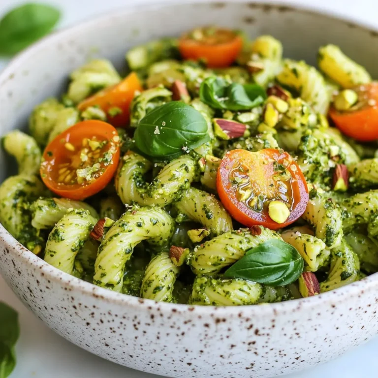 Für das Pistazienpesto brauchen Sie einige frische und einfache Zutaten. Diese Zutaten bringen viel Geschmack und Farbe in Ihr Gericht. Hier sind die Hauptzutaten: - 2 Tassen frische Basilikumblätter - 1 Tasse geschälte Pistazien - 4 Knoblauchzehen, geschält - 1/2 Tasse geriebener Parmesan - 1/2 Tasse natives Olivenöl extra - Saft von 1 Zitrone - Salz und Pfeffer nach Geschmack Diese Zutaten sind leicht zu finden und ergeben ein leckeres Pesto, das perfekt zu Pasta passt. Die Wahl der Pasta ist wichtig. Sie können verschiedene Sorten verwenden. Ich empfehle: - 400 g Pasta nach Wahl (z.B. Spaghetti, Fusilli oder Penne) Jede dieser Pasta-Sorten nimmt das Pesto gut auf. Sie können die Pasta nach Ihrem Geschmack auswählen. Ein schöner Teller sieht besser aus. Das Auge isst mit! Hier sind einige tolle Garnierungen: - Kirschtomaten, halbiert - Zusätzliche Pistazien, grob gehackt Diese Garnierungen bringen Farbe und Textur auf den Teller. Die Kirschtomaten sorgen für frische Säure, während die Pistazien einen knackigen Biss geben. {{ingredient_image_2}} Um die Pasta perfekt zu kochen, bringe einen großen Topf mit Wasser zum Kochen. Füge ordentlich Salz hinzu. Gib dann die Pasta hinein und koche sie nach den Anweisungen auf der Verpackung. Achte darauf, dass die Pasta al dente ist. Das bedeutet, sie sollte weich, aber noch einen leichten Biss haben. Wenn die Pasta fertig ist, hebe 1 Tasse des Kochwassers auf. Das hilft später, wenn du das Pesto mischst. Gieße die Pasta ab und stelle sie beiseite. Jetzt kommt der spannende Teil: das Pesto. Nimm eine Küchenmaschine und füge die frischen Basilikumblätter, die geschälten Pistazien, die geschälten Knoblauchzehen und den geriebenen Parmesan hinzu. Pulsieren die Mischung, bis die Zutaten gut gehackt sind. Während die Maschine läuft, gieße langsam das Olivenöl ein. So wird das Pesto schön cremig. Wenn es zu dick ist, füge etwas von dem aufgehobenen Pasta-Wasser hinzu. Zum Schluss presse den Saft der Zitrone hinein. Würze das Pesto mit Salz und Pfeffer. Pulsieren noch ein paar Mal, um alles gut zu vermischen. Jetzt ist es Zeit, alles zusammenzubringen. Nimm eine große Schüssel und gib die gekochte Pasta hinein. Füge das Pistazienpesto hinzu und mische alles gut. Achte darauf, dass jede Nudel gleichmäßig mit Pesto bedeckt ist. Wenn die Sauce zu dick ist, kannst du mehr von dem aufbewahrten Kochwasser hinzufügen. Zum Servieren richte die Pasta auf Tellern an. Garniere sie mit halbierten Kirschtomaten und zusätzlich gehackten Pistazien. Das sorgt für mehr Textur und Farbe. Um das Pesto perfekt zu machen, achte auf die Mischung. Beginne mit frischen Basilikumblättern und geschälten Pistazien. Du willst eine cremige Textur, also füge das Olivenöl langsam hinzu. Wenn das Pesto zu dick ist, gib etwas vom Kochwasser der Pasta dazu. Das Wasser macht die Sauce geschmeidig. Probiere das Pesto und füge etwas Salz und Pfeffer hinzu, wenn es nötig ist. Um die Pasta al dente zu kochen, folge den Anweisungen auf der Verpackung. Normalerweise dauert das etwa 8 bis 12 Minuten. Achte darauf, die Pasta in sprudelndes Salzwasser zu geben. Halte eine Tasse vom Kochwasser zurück, bevor du die Pasta abgießt. Das Wasser hilft, das Pesto später zu lockern und die Sauce gut zu verteilen. Präsentiere die Pasta in einer großen Schüssel. Das sieht gut aus und macht es einfacher, zu servieren. Garniere mit halbierten Kirschtomaten und gehackten Pistazien für einen schönen Kontrast. Streue etwas geriebenen Parmesan oben drauf und füge frische Basilikumblätter hinzu. Ein Spritzer Olivenöl bringt Glanz und Geschmack. So wird deine Pistazienpesto Pasta zum echten Hingucker! Pro Tipps Frische Zutaten verwenden: Verwenden Sie frische Basilikumblätter und hochwertige Pistazien für das beste Aroma und Geschmack. Olivenöl nach Geschmack anpassen: Passen Sie die Menge des Olivenöls an, um die gewünschte Cremigkeit des Pestos zu erreichen. Experimentieren mit Nüssen: Versuchen Sie, andere Nüsse wie Mandeln oder Walnüsse als Alternative zu Pistazien zu verwenden, um neue Geschmacksrichtungen zu entdecken. Pasta al dente kochen: Achten Sie darauf, die Pasta al dente zu kochen, um die perfekte Textur zu erhalten, die sich gut mit dem Pesto verbindet. {{image_4}} Wenn Sie eine vegetarische oder vegane Option suchen, ist dieses Rezept einfach anpassbar. Statt Parmesan können Sie Hefeflocken verwenden. Diese geben einen nussigen Geschmack und sind perfekt für Veganer. Auch das Olivenöl bleibt gleich, da es für alle geeignet ist. Sie können auch mehr Basilikum oder andere Kräuter hinzufügen, um den Geschmack zu variieren. Glutenfreie Pasta ist eine tolle Wahl für alle, die Gluten meiden. Sie können Pasta aus Linsen, Kichererbsen oder Reis verwenden. Diese sind oft in Supermärkten erhältlich. Achten Sie darauf, die Kochzeit der glutenfreien Pasta genau zu befolgen. So bleibt die Pasta perfekt al dente. Das Pesto lässt sich leicht anpassen. Fügen Sie zum Beispiel geröstete Paprika oder Spinat hinzu. Diese Zutaten bringen mehr Farbe und Nährstoffe. Auch Nüsse wie Walnüsse oder Mandeln bringen einen anderen Geschmack. Experimentieren Sie mit verschiedenen Zutaten, um das Pesto nach Ihrem Geschmack zu gestalten. Um Reste von Pistazienpesto Pasta gut zu lagern, verwenden Sie einen luftdichten Behälter. Stellen Sie sicher, dass die Pasta vollständig abgekühlt ist, bevor Sie sie einfüllen. Dies hilft, Feuchtigkeit zu vermeiden. Trennen Sie das Pesto von der Pasta, wenn möglich. So bleibt die Pasta länger frisch. Im Kühlschrank hält die Pistazienpesto Pasta etwa 3 bis 4 Tage. Achten Sie darauf, sie gut abzudecken. Für die Tiefkühlung ist es besser, die Pasta und das Pesto separat aufzubewahren. Im Gefrierfach bleibt die Pasta bis zu 3 Monate frisch. Das Pesto kann bis zu 6 Monate halten. Erwärmen Sie die Pasta am besten in einer Pfanne. Fügen Sie einen Schuss Wasser oder Olivenöl hinzu, um die Pasta wieder cremig zu machen. Stellen Sie die Hitze auf niedrig. Rühren Sie die Pasta gut um, damit sie gleichmäßig erhitzt wird. Vermeiden Sie die Mikrowelle, da sie die Textur verändern kann. Die Zubereitung der Pistazienpesto Pasta dauert insgesamt etwa 30 Minuten. Die Vorbereitung der Zutaten benötigt rund 15 Minuten, und das Kochen der Pasta sowie das Mischen mit dem Pesto sind schnell erledigt. Mit ein wenig Übung kannst du diese Zeit sogar noch verkürzen. Ja, du kannst andere Nüsse verwenden! Mandeln oder Walnüsse sind gute Alternativen. Sie geben dem Pesto einen anderen Geschmack, aber die Textur bleibt ähnlich. Probiere es aus und finde deine Lieblingssorte. Das Rezept kann glutenfrei sein, wenn du glutenfreie Pasta wählst. Achte darauf, die Zutatenliste zu prüfen, um sicherzustellen, dass die gewählte Pasta wirklich glutenfrei ist. So kannst du das Gericht ohne Sorgen genießen. Pistazienpesto Pasta ist einfach zu machen und sehr lecker. Wir haben die besten Zutaten, die Zubereitung und zahlreiche Tipps behandelt. Denke daran, die Konsistenz deines Pestos zu testen, um den perfekten Geschmack zu finden. Du kannst auch Variationen ausprobieren, wie glutenfreie Pasta oder vegane Alternativen. Lagere Reste richtig, damit du sie später genießen kannst. Ich hoffe, du probierst dieses Rezept aus und beeindruckst damit deine Familie und Freunde. Einfach, lecker und immer ein Hit!