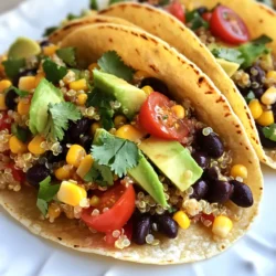 Für diese leckeren Tacos brauchst du einige Hauptzutaten. Sie sind einfach zu finden und machen das Gericht bunt und gesund. Hier ist, was du benötigst: - 1 Tasse Quinoa, gut abgespült - 2 Tassen Gemüsebrühe - 1 Dose schwarze Bohnen, abgetropft und abgespült - 1 Tasse Maiskörner (frisch oder gefroren) - 1 rote Paprika, gewürfelt - 1 Avocado, gewürfelt - 1 kleine rote Zwiebel, fein gehackt - 1 Tasse Kirschtomaten, halbiert - 1/4 Tasse frischer Koriander, gehackt Die Gewürze bringen Geschmack und Frische in deine Tacos. Diese sind wichtig für den Zesty-Lime-Geschmack. Hier sind die Gewürze, die du brauchst: - Saft und Zesten von 2 Limetten - 1 Teelöffel Kreuzkümmel - 1 Teelöffel geräuchertes Paprikapulver - Salz und Pfeffer nach Geschmack Du kannst die Tacos nach deinem Geschmack anpassen. Hier sind einige optionale Beläge, die gut dazu passen: - scharfe Sauce - gewürfelte Jalapeños - Sauerrahm - Salsa Mit diesen Zutaten machst du schnell und einfach köstliche Zesty Lime Quinoa Tacos. Sie sind perfekt für ein schnelles Abendessen oder ein Treffen mit Freunden. {{ingredient_image_2}} Um die Quinoa perfekt zuzubereiten, bringe zuerst die Gemüsebrühe zum Kochen. Nimm einen mittelgroßen Kochtopf und füge die abgespülte Quinoa hinzu. Decke den Topf ab und reduziere die Hitze. Lasse die Quinoa etwa 15 Minuten köcheln. Wenn die Flüssigkeit aufgesogen ist, nimm den Topf vom Herd. Lass die Quinoa 5 Minuten ruhen und lockere sie dann mit einer Gabel auf. Nimm eine große Schüssel. Füge die gekochte Quinoa, schwarze Bohnen, Mais, gewürfelte rote Paprika, Avocado, rote Zwiebel, Kirschtomaten und Koriander hinzu. Mische alles gut durch. In einer kleinen Schüssel vermenge den Limettensaft, die Limettenschale, Kreuzkümmel, geräuchertes Paprikapulver, Salz und Pfeffer. Gieße dieses Dressing über die Quinoamischung und vermenge alles vorsichtig. Probiere die Mischung und würze nach Belieben. Um die Maistortillas zu erwärmen, nimm eine trockene Pfanne. Erhitze sie bei mittlerer Hitze. Lege die Tortillas hinein und erwärme sie für etwa 30 Sekunden auf jeder Seite. Sie sollten weich und geschmeidig sein. Jetzt kannst du die Tacos zusammenstellen. Fülle jede Tortilla mit einer großzügigen Portion der Quinoamischung. Sofort servieren und nach Belieben mit scharfer Sauce, Jalapeños, Sauerrahm oder Salsa garnieren. Um Quinoa perfekt zu kochen, beginne mit gut abgespülter Quinoa. Das beseitigt Bitterstoffe. Du verwendest zwei Tassen Gemüsebrühe für jede Tasse Quinoa. Koche die Brühe zuerst. Füge dann die Quinoa hinzu und decke den Topf ab. Reduziere die Hitze und lasse es 15 Minuten köcheln. Die Quinoa ist fertig, wenn sie fluffig ist. Lass sie nach dem Kochen fünf Minuten ruhen. Lockere die Quinoa mit einer Gabel auf. Die Füllung ist sehr flexibel. Du kannst schwarze Bohnen durch Kichererbsen ersetzen. Füge auch andere Gemüse hinzu, wie Zucchini oder Spinat. Wenn du es schärfer magst, füge gewürfelte Jalapeños hinzu. Für einen zusätzlichen Kick, probiere geräucherte Paprika. Du kannst auch verschiedene Kräuter verwenden, wie Petersilie oder Minze. Lass deiner Kreativität freien Lauf und passe die Füllung deinem Geschmack an. Wenn du Reste hast, bewahre die Füllung und Tortillas getrennt auf. So bleibt alles frisch. Lagere die Füllung in einem luftdichten Behälter im Kühlschrank. Sie hält sich etwa drei bis vier Tage. Die Tortillas kannst du in einem trockenen, kühlen Ort aufbewahren. Wenn du die Tacos wieder aufwärmen möchtest, erwärme sie in einer Pfanne. So bleiben sie knusprig. Pro Tipps Quinoa richtig kochen: Achten Sie darauf, die Quinoa gründlich abzuspülen, um Bitterstoffe zu entfernen, bevor Sie sie in die Brühe geben. Gemüsevariationen: Experimentieren Sie mit verschiedenen Gemüsesorten wie Zucchini oder Spinat, um den Tacos zusätzliche Farben und Nährstoffe zu verleihen. Frische Limetten: Verwenden Sie frische Limetten für den Saft und die Zesten, um den besten Geschmack zu erzielen – sie sind viel aromatischer als abgepackte Varianten. Tortillas richtig erwärmen: Erwärmen Sie die Tortillas in einer trockenen Pfanne, um sie geschmeidig zu machen, ohne sie zu überhitzen, damit sie nicht brechen. {{image_4}} Du kannst die Zesty Lime Quinoa Tacos leicht vegan machen. Nutze einfach pflanzliche Zutaten. Anstelle von Sauerrahm, verwende Avocado oder Cashew-Creme. Diese Optionen sind lecker und cremig. Für zusätzlichen Geschmack, füge mehr Limettensaft hinzu. So bleibt das Gericht frisch und spritzig. Wenn du glutenfrei essen möchtest, sind Maistortillas die beste Wahl. Sie sind einfach zu finden und schmackhaft. Achte darauf, dass die Tortillas wirklich glutenfrei sind. Für die Füllung kannst du auch Quinoa, Bohnen und Gemüse verwenden. Alle diese Zutaten sind von Natur aus glutenfrei und nahrhaft. Um die Tacos noch proteinreicher zu machen, füge Tofu oder Tempeh hinzu. Diese Zutaten sind einfach zuzubereiten und nehmen den Geschmack der Gewürze gut auf. Du kannst auch Kichererbsen verwenden. Sie passen perfekt zu Quinoa und bringen noch mehr Nährstoffe. Diese Variationen machen deine Tacos noch sättigender und gesünder. Die Reste der Zesty Lime Quinoa Tacos sind ein Genuss. Lagere die Füllung in einem luftdichten Behälter. Du kannst die Tortillas getrennt aufbewahren. So bleiben sie frisch. Halte die Reste im Kühlschrank. Sie bleiben bis zu drei Tage genießbar. Um die Tacos wieder warm zu machen, nimm die Füllung aus dem Kühlschrank. Erwärme sie in einer Pfanne bei niedriger Hitze. Rühre regelmäßig um. So bleibt die Füllung saftig. Die Tortillas kannst du in der Pfanne oder Mikrowelle kurz erhitzen. So werden sie wieder weich und lecker. Im Kühlschrank halten sich die Tacos bis zu drei Tage. Wenn du die Füllung länger aufbewahren möchtest, friere sie ein. In einem luftdichten Behälter bleibt die Füllung bis zu drei Monate frisch. Achte darauf, die Tortillas nicht einzufrieren. Sie werden dann matschig. Zesty Lime Quinoa Tacos sind sehr gesund. Sie enthalten viele Nährstoffe. Quinoa ist eine großartige Quelle für Eiweiß und Ballaststoffe. Schwarze Bohnen liefern wichtige Mineralien und Proteine. Gemüse wie Paprika und Avocado bringt Vitamine und gesunde Fette. Limetten geben nicht nur Geschmack, sondern auch Vitamin C. Diese Tacos sind perfekt für eine ausgewogene Ernährung. Ja, du kannst andere Bohnen verwenden. Kidneybohnen oder Pinto-Bohnen passen gut. Sie haben ähnliche Texturen und Geschmäcker. Du kannst auch Kichererbsen für etwas Abwechslung nehmen. Achte darauf, die Bohnen gut abzuspülen, bevor du sie hinzufügst. So bleiben die Tacos frisch und lecker. Um Zeit zu sparen, bereite die Quinoa im Voraus vor. Koche sie zum Beispiel am Vortag. Du kannst auch das Gemüse schon schneiden. Bewahre alles in Kühlschrank auf. Wenn du bereit bist, erwärme die Tortillas und mische die Füllung. So hast du in kurzer Zeit eine leckere Mahlzeit. Zesty Lime Quinoa Tacos bieten viele Vorteile. Du lernst, wie man sie einfach zubereitet und anpasst. Die Zutaten sind frisch, gesund und machen satt. Du kannst deine Tacos mit verschiedenen Belägen und Variationen gestalten. Die Tipps helfen dir, Quinoa perfekt zu kochen und die Tacos richtig aufzubewahren. Das Rezept ist vielseitig und für alle geeignet, die einen gesunden Snack wollen. Probiere es aus und genieße jeden Bissen!