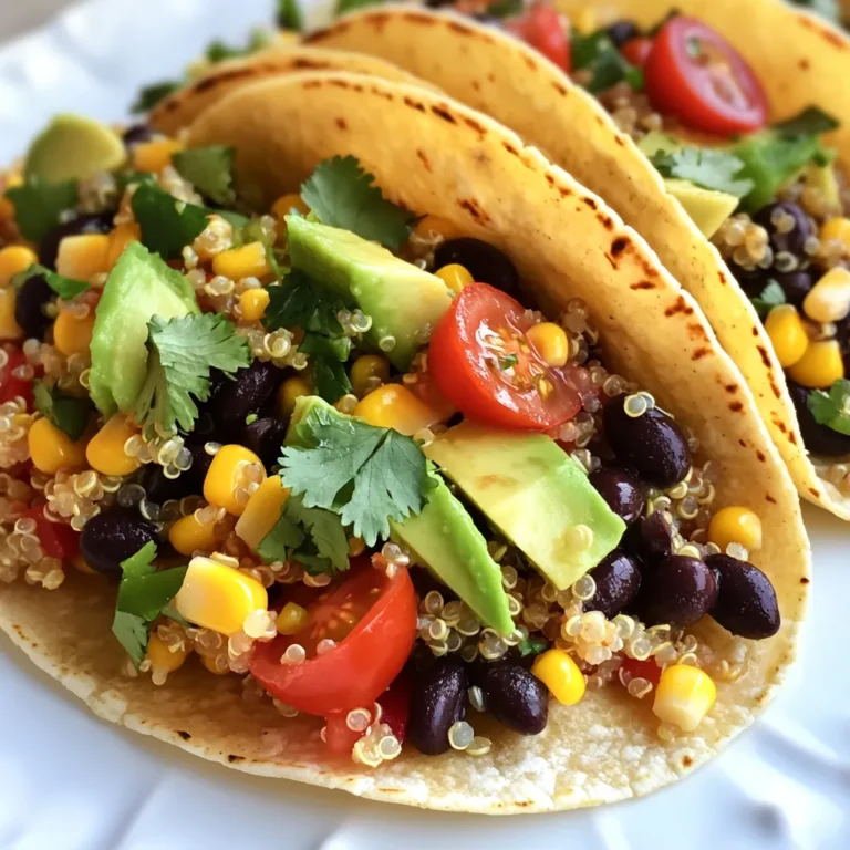 Für diese leckeren Tacos brauchst du einige Hauptzutaten. Sie sind einfach zu finden und machen das Gericht bunt und gesund. Hier ist, was du benötigst: - 1 Tasse Quinoa, gut abgespült - 2 Tassen Gemüsebrühe - 1 Dose schwarze Bohnen, abgetropft und abgespült - 1 Tasse Maiskörner (frisch oder gefroren) - 1 rote Paprika, gewürfelt - 1 Avocado, gewürfelt - 1 kleine rote Zwiebel, fein gehackt - 1 Tasse Kirschtomaten, halbiert - 1/4 Tasse frischer Koriander, gehackt Die Gewürze bringen Geschmack und Frische in deine Tacos. Diese sind wichtig für den Zesty-Lime-Geschmack. Hier sind die Gewürze, die du brauchst: - Saft und Zesten von 2 Limetten - 1 Teelöffel Kreuzkümmel - 1 Teelöffel geräuchertes Paprikapulver - Salz und Pfeffer nach Geschmack Du kannst die Tacos nach deinem Geschmack anpassen. Hier sind einige optionale Beläge, die gut dazu passen: - scharfe Sauce - gewürfelte Jalapeños - Sauerrahm - Salsa Mit diesen Zutaten machst du schnell und einfach köstliche Zesty Lime Quinoa Tacos. Sie sind perfekt für ein schnelles Abendessen oder ein Treffen mit Freunden. {{ingredient_image_2}} Um die Quinoa perfekt zuzubereiten, bringe zuerst die Gemüsebrühe zum Kochen. Nimm einen mittelgroßen Kochtopf und füge die abgespülte Quinoa hinzu. Decke den Topf ab und reduziere die Hitze. Lasse die Quinoa etwa 15 Minuten köcheln. Wenn die Flüssigkeit aufgesogen ist, nimm den Topf vom Herd. Lass die Quinoa 5 Minuten ruhen und lockere sie dann mit einer Gabel auf. Nimm eine große Schüssel. Füge die gekochte Quinoa, schwarze Bohnen, Mais, gewürfelte rote Paprika, Avocado, rote Zwiebel, Kirschtomaten und Koriander hinzu. Mische alles gut durch. In einer kleinen Schüssel vermenge den Limettensaft, die Limettenschale, Kreuzkümmel, geräuchertes Paprikapulver, Salz und Pfeffer. Gieße dieses Dressing über die Quinoamischung und vermenge alles vorsichtig. Probiere die Mischung und würze nach Belieben. Um die Maistortillas zu erwärmen, nimm eine trockene Pfanne. Erhitze sie bei mittlerer Hitze. Lege die Tortillas hinein und erwärme sie für etwa 30 Sekunden auf jeder Seite. Sie sollten weich und geschmeidig sein. Jetzt kannst du die Tacos zusammenstellen. Fülle jede Tortilla mit einer großzügigen Portion der Quinoamischung. Sofort servieren und nach Belieben mit scharfer Sauce, Jalapeños, Sauerrahm oder Salsa garnieren. Um Quinoa perfekt zu kochen, beginne mit gut abgespülter Quinoa. Das beseitigt Bitterstoffe. Du verwendest zwei Tassen Gemüsebrühe für jede Tasse Quinoa. Koche die Brühe zuerst. Füge dann die Quinoa hinzu und decke den Topf ab. Reduziere die Hitze und lasse es 15 Minuten köcheln. Die Quinoa ist fertig, wenn sie fluffig ist. Lass sie nach dem Kochen fünf Minuten ruhen. Lockere die Quinoa mit einer Gabel auf. Die Füllung ist sehr flexibel. Du kannst schwarze Bohnen durch Kichererbsen ersetzen. Füge auch andere Gemüse hinzu, wie Zucchini oder Spinat. Wenn du es schärfer magst, füge gewürfelte Jalapeños hinzu. Für einen zusätzlichen Kick, probiere geräucherte Paprika. Du kannst auch verschiedene Kräuter verwenden, wie Petersilie oder Minze. Lass deiner Kreativität freien Lauf und passe die Füllung deinem Geschmack an. Wenn du Reste hast, bewahre die Füllung und Tortillas getrennt auf. So bleibt alles frisch. Lagere die Füllung in einem luftdichten Behälter im Kühlschrank. Sie hält sich etwa drei bis vier Tage. Die Tortillas kannst du in einem trockenen, kühlen Ort aufbewahren. Wenn du die Tacos wieder aufwärmen möchtest, erwärme sie in einer Pfanne. So bleiben sie knusprig. Pro Tipps Quinoa richtig kochen: Achten Sie darauf, die Quinoa gründlich abzuspülen, um Bitterstoffe zu entfernen, bevor Sie sie in die Brühe geben. Gemüsevariationen: Experimentieren Sie mit verschiedenen Gemüsesorten wie Zucchini oder Spinat, um den Tacos zusätzliche Farben und Nährstoffe zu verleihen. Frische Limetten: Verwenden Sie frische Limetten für den Saft und die Zesten, um den besten Geschmack zu erzielen – sie sind viel aromatischer als abgepackte Varianten. Tortillas richtig erwärmen: Erwärmen Sie die Tortillas in einer trockenen Pfanne, um sie geschmeidig zu machen, ohne sie zu überhitzen, damit sie nicht brechen. {{image_4}} Du kannst die Zesty Lime Quinoa Tacos leicht vegan machen. Nutze einfach pflanzliche Zutaten. Anstelle von Sauerrahm, verwende Avocado oder Cashew-Creme. Diese Optionen sind lecker und cremig. Für zusätzlichen Geschmack, füge mehr Limettensaft hinzu. So bleibt das Gericht frisch und spritzig. Wenn du glutenfrei essen möchtest, sind Maistortillas die beste Wahl. Sie sind einfach zu finden und schmackhaft. Achte darauf, dass die Tortillas wirklich glutenfrei sind. Für die Füllung kannst du auch Quinoa, Bohnen und Gemüse verwenden. Alle diese Zutaten sind von Natur aus glutenfrei und nahrhaft. Um die Tacos noch proteinreicher zu machen, füge Tofu oder Tempeh hinzu. Diese Zutaten sind einfach zuzubereiten und nehmen den Geschmack der Gewürze gut auf. Du kannst auch Kichererbsen verwenden. Sie passen perfekt zu Quinoa und bringen noch mehr Nährstoffe. Diese Variationen machen deine Tacos noch sättigender und gesünder. Die Reste der Zesty Lime Quinoa Tacos sind ein Genuss. Lagere die Füllung in einem luftdichten Behälter. Du kannst die Tortillas getrennt aufbewahren. So bleiben sie frisch. Halte die Reste im Kühlschrank. Sie bleiben bis zu drei Tage genießbar. Um die Tacos wieder warm zu machen, nimm die Füllung aus dem Kühlschrank. Erwärme sie in einer Pfanne bei niedriger Hitze. Rühre regelmäßig um. So bleibt die Füllung saftig. Die Tortillas kannst du in der Pfanne oder Mikrowelle kurz erhitzen. So werden sie wieder weich und lecker. Im Kühlschrank halten sich die Tacos bis zu drei Tage. Wenn du die Füllung länger aufbewahren möchtest, friere sie ein. In einem luftdichten Behälter bleibt die Füllung bis zu drei Monate frisch. Achte darauf, die Tortillas nicht einzufrieren. Sie werden dann matschig. Zesty Lime Quinoa Tacos sind sehr gesund. Sie enthalten viele Nährstoffe. Quinoa ist eine großartige Quelle für Eiweiß und Ballaststoffe. Schwarze Bohnen liefern wichtige Mineralien und Proteine. Gemüse wie Paprika und Avocado bringt Vitamine und gesunde Fette. Limetten geben nicht nur Geschmack, sondern auch Vitamin C. Diese Tacos sind perfekt für eine ausgewogene Ernährung. Ja, du kannst andere Bohnen verwenden. Kidneybohnen oder Pinto-Bohnen passen gut. Sie haben ähnliche Texturen und Geschmäcker. Du kannst auch Kichererbsen für etwas Abwechslung nehmen. Achte darauf, die Bohnen gut abzuspülen, bevor du sie hinzufügst. So bleiben die Tacos frisch und lecker. Um Zeit zu sparen, bereite die Quinoa im Voraus vor. Koche sie zum Beispiel am Vortag. Du kannst auch das Gemüse schon schneiden. Bewahre alles in Kühlschrank auf. Wenn du bereit bist, erwärme die Tortillas und mische die Füllung. So hast du in kurzer Zeit eine leckere Mahlzeit. Zesty Lime Quinoa Tacos bieten viele Vorteile. Du lernst, wie man sie einfach zubereitet und anpasst. Die Zutaten sind frisch, gesund und machen satt. Du kannst deine Tacos mit verschiedenen Belägen und Variationen gestalten. Die Tipps helfen dir, Quinoa perfekt zu kochen und die Tacos richtig aufzubewahren. Das Rezept ist vielseitig und für alle geeignet, die einen gesunden Snack wollen. Probiere es aus und genieße jeden Bissen!