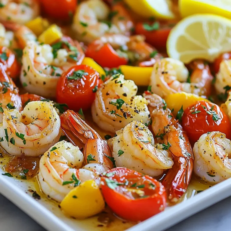 Für dieses Gericht brauchst du diese wichtigen Zutaten: - 450 g große Garnelen, geschält und entdarmt - 2 Esslöffel Olivenöl - 4 Knoblauchzehen, fein gehackt - Zesten und Saft von 2 Zitronen - 1 Teelöffel geräuchertes Paprikapulver - ½ Teelöffel rote Pfefferflocken (nach Geschmack anpassen) - Salz und Pfeffer nach Geschmack - 1 Tasse Kirschtomaten, halbiert - 1 Paprika, in Streifen geschnitten (jede Farbe) - ½ Tasse frische Petersilie, gehackt Diese Zutaten machen dein Gericht frisch und lecker. Garnelen sind die Hauptzutat. Sie geben einen süßen und zarten Geschmack. Knoblauch und Zitrone bringen Frische und Aroma ins Spiel. Frische Zutaten sind der Schlüssel zu jedem guten Gericht. Sie verbessern den Geschmack und die Textur. Frische Garnelen sind saftiger und zarter. Sie haben eine bessere Konsistenz als gefrorene. Auch frisches Gemüse ist wichtig. Tomaten und Paprika bringen Farbe und Vitamine. Frische Kräuter wie Petersilie geben einen tollen Duft. Wenn du frische Zutaten verwendest, wird dein Gericht noch besser. Falls du keine Garnelen magst, kannst du Hähnchenbrust verwenden. Schneide sie in Stücke und mariniere sie wie die Garnelen. Das Gemüse kann auch variieren. Du kannst Zucchini oder Brokkoli hinzufügen. Wenn du keinen Knoblauch hast, probiere Knoblauchpulver. Für einen milderen Geschmack kannst du Zitronensaft durch Limettensaft ersetzen. Diese Alternativen machen dein Gericht genauso schmackhaft. {{ingredient_image_2}} Zuerst heize deinen Ofen auf 200 °C vor. Das ist wichtig, damit die Garnelen und das Gemüse gleichmäßig garen. Lege ein großes Backblech mit Backpapier aus. So bleibt das Blech sauber und die Reinigung ist einfach. In einer großen Schüssel mische 2 Esslöffel Olivenöl, 4 fein gehackte Knoblauchzehen, den Saft und die Zesten von 2 Zitronen, 1 Teelöffel geräuchertes Paprikapulver und ½ Teelöffel rote Pfefferflocken. Füge 450 g große Garnelen hinzu und vermenge alles gut. Lass die Garnelen etwa 10 Minuten marinieren. Diese Zeit lässt die Aromen einziehen. Nimm eine separate Schüssel und vermische 1 Tasse halbierte Kirschtomaten und 1 in Streifen geschnittene Paprika mit einem Schuss Olivenöl, Salz und Pfeffer. Das Gemüse wird so schön gewürzt und passt perfekt zu den Garnelen. Verteile das gewürzte Gemüse gleichmäßig auf einer Seite des Backblechs. Lege die marinierten Garnelen auf die andere Seite in einer einzigen Schicht. Achte darauf, dass die Garnelen nicht übereinander liegen. So garen sie gleichmäßig. Jetzt kannst du das Backblech in den Ofen schieben. Backe alles für 10-12 Minuten. Die Garnelen sind gar, wenn sie rosa und undurchsichtig sind. Das Gemüse sollte zart sein. Nimm das Blech aus dem Ofen und garniere das Gericht mit frischer Petersilie. Um die besten Garnelen zu bekommen, achte auf diese Punkte: - Wähle frische Garnelen. Sie sollten rosa und glänzend sein. - Verwende große Garnelen für mehr Biss. - Marinieren hilft, den Geschmack zu intensivieren. Lass sie mindestens 10 Minuten ruhen. - Backe die Garnelen nicht zu lange. Sie sind fertig, wenn sie rosa und undurchsichtig sind. Hier sind einige Fehler, die du vermeiden solltest: - Übermäßiges Kochen macht Garnelen zäh. - Zu wenig Marinierzeit lässt die Garnelen fade schmecken. - Unzureichend gewürztes Gemüse kann langweilig sein. Stelle sicher, dass es gut gewürzt ist. - Nicht genug Platz auf dem Blech kann das Garen beeinträchtigen. Verteile alles gleichmäßig. Du kannst das Rezept leicht anpassen: - Füge mehr Gemüse wie Zucchini oder Spargel hinzu. - Probiere verschiedene Gewürze wie Curry oder Kreuzkümmel aus. - Zum Verfeinern kannst du frische Kräuter wie Basilikum oder Dill verwenden. - Du kannst auch einen Spritzer Weißwein in die Marinade geben für zusätzlichen Geschmack. Mit diesen Tipps wird deine Blechpfanne mit Zitronen-Knoblauch-Garnelen ein Hit! Pro Tipps Garnelen richtig auswählen: Achte darauf, frische oder tiefgefrorene Garnelen von hoher Qualität zu verwenden. Die Auswahl der richtigen Garnelen sorgt für den besten Geschmack und die beste Textur. Marinierzeit beachten: Lass die Garnelen mindestens 10 Minuten in der Marinade ziehen, um die Aromen gut aufzunehmen. Eine längere Marinierzeit kann ebenfalls den Geschmack intensivieren. Backblech optimal nutzen: Achte darauf, dass die Garnelen und das Gemüse nicht überlappen, damit sie gleichmäßig garen und schön bräunen. Ein gut vorbereitetes Backblech sorgt für das beste Ergebnis. Frische Kräuter hinzufügen: Verwende frische Petersilie oder andere Kräuter als Garnitur, um dem Gericht zusätzlichen Geschmack und Farbe zu verleihen. Frische Kräuter machen einen großen Unterschied im Endergebnis. {{image_4}} Wenn du Garnelen vermeiden möchtest, gibt es viele Optionen. Du kannst Gemüse wie Zucchini oder Auberginen verwenden. Auch Kichererbsen sind eine tolle Wahl. Sie geben dir eine schöne Textur und viel Protein. Du kannst das Gemüse einfach in die Marinade geben. Das sorgt für einen tollen Geschmack. Du kannst mit verschiedenen Gewürzen spielen. Zum Beispiel, probiere italienische Kräuter wie Basilikum oder Oregano. Diese geben deinem Gericht eine neue Note. Auch Curry-Pulver kann eine spannende Wendung bringen. Experimentiere mit dem, was du magst. Das macht das Kochen noch interessanter. Die Beilagen können den Geschmack stark verändern. Serviere die Garnelen mit Reis oder Quinoa. Das gibt dir eine gute Grundlage. Du kannst auch einen frischen Salat dazu machen. Das bringt Farbe und Frische auf den Teller. Denke darüber nach, was in deiner Küche ist. So machst du das Gericht noch einfacher und schneller. Wenn du Reste von der Blechpfanne mit Zitronen-Knoblauch-Garnelen hast, lass sie zuerst abkühlen. Fülle die Garnelen und das Gemüse in einen luftdichten Behälter. Du kannst sie bis zu drei Tage im Kühlschrank aufbewahren. Achte darauf, dass der Behälter gut verschlossen ist, damit die Aromen nicht verloren gehen. Wenn du die Garnelen länger aufbewahren möchtest, friere sie ein. Lege die gekochten Garnelen in einen gefrierfesten Beutel. Drücke die Luft heraus und verschließe den Beutel gut. So kannst du sie bis zu drei Monate einfrieren. Zum Auftauen lege sie einfach über Nacht in den Kühlschrank oder tau sie in kaltem Wasser auf. Um die Garnelen wieder aufzuwärmen, benutze am besten den Ofen. Heize ihn auf 180 °C vor und lege die Garnelen auf ein Backblech. Backe sie für etwa 5 bis 7 Minuten, bis sie warm sind. So bleiben sie saftig und verlieren nicht ihren Geschmack. Vermeide die Mikrowelle, da dies die Garnelen gummiartig machen kann. Die Zubereitung dauert insgesamt etwa 25 Minuten. Du benötigst 10 Minuten für die Vorbereitung. Das Backen braucht 10 bis 12 Minuten. So ist das Gericht schnell fertig und perfekt für ein schnelles Abendessen. Ja, gefrorene Garnelen sind in Ordnung. Achte darauf, sie gut aufzutauen. Lasse sie über Nacht im Kühlschrank oder lege sie in kaltes Wasser. Gut abtropfen lassen, bevor du sie marinierst. Zu dieser Blechpfanne passen viele Beilagen. Du kannst Reis oder Quinoa servieren. Ein frischer Salat ist auch eine gute Wahl. Für ein rustikales Gefühl, serviere das Gericht direkt vom Blech. Garnelen sind gar, wenn sie rosa und undurchsichtig sind. Du kannst sie leicht biegen. Wenn sie sich kräuseln, sind sie perfekt. Achte darauf, sie nicht zu lange zu garen, sonst werden sie zäh. Zusammenfassend haben wir die besten Zutaten und Schritte für Blechpfanne mit Zitronen-Knoblauch-Garnelen erkundet. Frische Zutaten machen einen großen Unterschied im Geschmack. Tipps helfen dir, häufige Fehler zu vermeiden. Variationen bieten mehr Auswahl und Spaß beim Kochen. Denke auch an gute Lagerung, damit Reste frisch bleiben. Mit diesen Ideen und Tricks bereitest du ein köstliches Gericht zu. Probier es aus und genieße das Ergebnis!