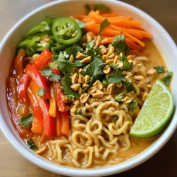 Für eine leckere Portion Thai Peanut Ramen brauchst du: - 2 Packungen Instant-Ramen-Nudeln - 1 Tasse Hühner- oder Gemüsebrühe - 3 Esslöffel cremige Erdnussbutter - 2 Esslöffel Sojasauce - 1 Esslöffel Limettensaft - 1 Esslöffel Honig oder Ahornsirup - 1 Teelöffel Sriracha (optional, für Schärfe) - 1 Paprika, dünn geschnitten - 1 Karotte, julienne (in feine Streifen geschnitten) - 2 Frühlingszwiebeln, gehackt - Frischer Koriander zur Garnierung - Gehackte Erdnüsse zur Garnierung Diese Zutaten sind wichtig für den vollen Geschmack. Die Erdnussbutter sorgt für die cremige Textur. Limettensaft bringt Frische in die Sauce. Wenn du keine Hühnerbrühe magst, kannst du Gemüsebrühe verwenden. Diese Option ist leicht und gesund. Du kannst auch Kokosmilch für einen reichhaltigen Geschmack nutzen. Garnierungen machen das Gericht schöner und leckerer. Ich empfehle frischen Koriander und gehackte Erdnüsse. Sie fügen Knusprigkeit und Aroma hinzu. Du kannst auch Chiliflocken für mehr Schärfe verwenden. Beginne mit einem mittleren Topf. Fülle ihn mit 1 Tasse Hühner- oder Gemüsebrühe. Setze die Hitze auf mittel. Lass die Brühe sanft köcheln. Das gibt der Sauce eine gute Basis. Füge nun 3 Esslöffel cremige Erdnussbutter hinzu. Die Erdnussbutter sorgt für den cremigen Geschmack. Danach kommen 2 Esslöffel Sojasauce für den Umami-Geschmack. Vergiss nicht, 1 Esslöffel Limettensaft für etwas Frische hinzuzufügen. Süße die Mischung mit 1 Esslöffel Honig oder Ahornsirup. Wenn du es scharf magst, füge 1 Teelöffel Sriracha hinzu. Rühre alles gut mit einem Schneebesen um. So wird die Sauce schön glatt. Während die Brühe köchelt, koche die Ramen-Nudeln. Nimm 2 Packungen Instant-Ramen-Nudeln. Folge den Anweisungen auf der Verpackung. Koche die Nudeln, bis sie zart sind. Das dauert nur wenige Minuten. Wenn sie fertig sind, gieße sie ab. Lass sie kurz stehen, während du die Sauce zubereitest. So bleiben sie nicht matschig. Jetzt kommt der spannende Teil! Gib die geschnittene Paprika und die julienned Karotte in den Topf. Garge das Gemüse 2-3 Minuten in der Brühe. Es sollte weich werden, aber noch knusprig bleiben. Füge dann die gekochten Ramen-Nudeln in den Topf. Mische alles gut miteinander. Die Nudeln sollten gleichmäßig mit der Erdnusssauce bedeckt sein. Nimm den Topf vom Herd. Jetzt ist es Zeit zu garnieren! Streue gehackte Frühlingszwiebeln, frischen Koriander und gehackte Erdnüsse darüber. Das sieht lecker aus und schmeckt noch besser! Um die perfekte Erdnusssauce zu machen, achte auf die richtige Konsistenz. Du willst die Erdnussbutter gut einrühren, bis sie glatt ist. Erwärme die Brühe leicht, bevor du die Erdnussbutter hinzufügst. Das macht das Mischen einfacher. Ein guter Trick ist, die Erdnussbutter vorher etwas im Mikrowellenofen zu erwärmen. So wird sie noch cremiger. Du kannst verschiedene Gemüsesorten verwenden, um deine Ramen zu bereichern. Paprika und Karotten sind toll, aber auch Brokkoli oder Zucchini passen gut. Achte darauf, das Gemüse dünn zu schneiden. So garen sie schnell und bleiben knackig. Wenn du mehr Farbe möchtest, füge noch etwas Spinat oder Erbsen hinzu. Präsentiere deine Ramen in tiefen Schalen. Das sieht einladend aus. Du kannst die Ramen mit frischem Koriander und gehackten Erdnüssen garnieren. Ein Spritzer Limettensaft bringt Frische. Wenn du mehr Sauce möchtest, gieße etwas darüber. Vergiss nicht, einen Limettenachtel neben die Schüssel zu legen. So kann jeder nach Geschmack nachwürzen. {{image_4}} Für eine vegetarische oder vegane Version kannst du die Hühnerbrühe mit Gemüsebrühe ersetzen. Benutze auch Erdnussbutter ohne tierische Zutaten. Achte darauf, Honig durch Ahornsirup zu ersetzen. Du kannst auch Tofu oder Tempeh zu deiner Ramen hinzugeben. Beides ist eine tolle Proteinquelle. Wenn du mehr Protein möchtest, füge gekochtes Hähnchen oder Garnelen hinzu. Diese Optionen passen gut zu den Aromen der Erdnusssauce. Für eine pflanzliche Proteinquelle nutze Kichererbsen oder edamame. Diese Optionen sind nahrhaft und lecker. Die Schärfe kannst du nach deinem Geschmack anpassen. Sriracha ist eine gute Wahl, wenn du es scharf magst. Du kannst auch frische Chili oder Chili-Flocken hinzufügen. Wenn die Ramen milder sein sollen, lass die Sriracha einfach weg oder benutze weniger. Wenn du Reste von deinen Thai Peanut Ramen hast, bewahre sie in einem luftdichten Behälter auf. So bleiben die Aromen frisch. Stelle sicher, dass die Ramen vollständig abgekühlt sind, bevor du sie in den Kühlschrank stellst. Reste halten sich dort bis zu drei Tage. Du kannst sie auch in einzelnen Portionen aufbewahren, um sie später schnell zu genießen. Wenn du die Ramen für längere Zeit aufbewahren möchtest, friere sie ein. Teile die Ramen in Portionen und lege sie in gefriergeeignete Behälter. Achte darauf, dass du die Flüssigkeit von der Sauce abtrennst, da sie beim Gefrieren die Textur verändern kann. So halten die Ramen bis zu drei Monate im Gefrierfach. Wenn du bereit bist, sie zu essen, lasse sie im Kühlschrank über Nacht auftauen. Um die beste Textur für deine aufbewahrten Ramen zurückzubekommen, erwärme sie langsam. Füge etwas Brühe oder Wasser hinzu, während du sie in einem Topf erhitzt. Das hilft, die Nudeln nicht trocken werden zu lassen. Rühre gut um, damit die Sauce gleichmäßig verteilt wird. Wenn du magst, koche frisches Gemüse dazu, um den Geschmack aufzufrischen. Die Zubereitung von Thai Peanut Ramen dauert nur etwa 15 Minuten. Sie können in 10 Minuten alles vorbereiten. Die schnelle Kochzeit macht dieses Gericht ideal für hektische Tage. Einfach die Brühe aufkochen und die Nudeln kochen. In der Zeit ist die Sauce auch fertig. So haben Sie ein leckeres Essen in kurzer Zeit. Ja, Sie können die Erdnussbutter ersetzen! Wenn Sie Allergien haben, verwenden Sie Sonnenblumenbutter. Auch Mandelbutter passt gut. Der Geschmack wird leicht anders sein, aber trotzdem lecker. Experimentieren Sie mit verschiedenen Nuss- oder Samenbuttern. Das macht das Gericht spannend und neu. Es gibt viele Zutaten, die Sie hinzufügen können! Probieren Sie Brokkoli oder Zucchini für mehr Gemüse. Gegrilltes Hähnchen oder Tofu sind tolle Proteinquellen. Für einen zusätzlichen Kick können Sie frischen Ingwer hinzufügen. Auch gebratene Pilze oder Edamame sind schmackhafte Optionen. Seien Sie kreativ und passen Sie das Rezept nach Ihrem Geschmack an! Thai Peanut Ramen ist einfach, lecker und vielseitig. Wir haben die wichtigen Zutaten, die Zubereitung, und hilfreiche Tipps besprochen. Du kannst viele Variationen probieren, um es nach deinem Geschmack anzupassen. Denk daran, wie du Reste aufbewahren kannst, um nichts zu verschwenden. Die Fragen am Ende geben dir zusätzliche Klarheit. Viel Spaß beim Kochen und Entdecken deiner eigenen Thai Peanut Ramen!