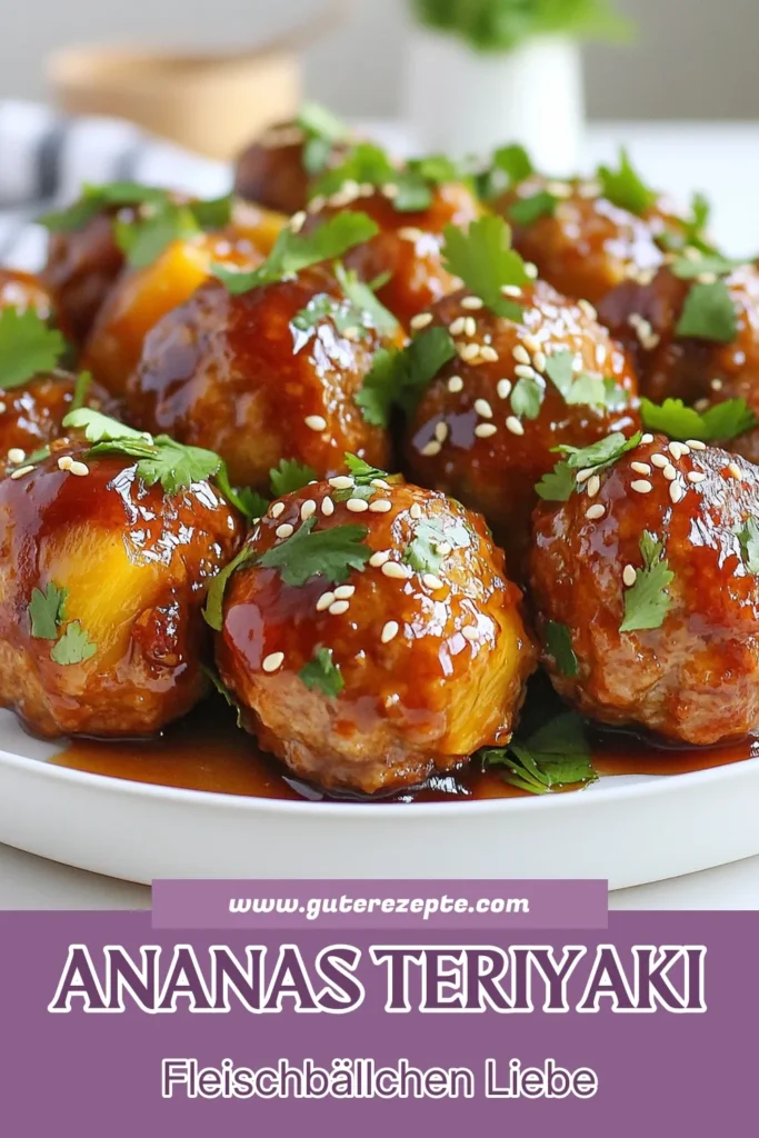Entdecke unser köstliches Ananas Teriyaki Rezept mit Hähnchen Fleischbällchen! Diese zarten, gesunden Fleischbällchen sind perfekt für ein schnelles asiatisches Rezept und bringen Abwechslung auf deinen Tisch. Mit Teriyaki Sauce und frischen Zutaten zubereitet, sind sie ein ideales gesundes Abendessen. Probiere es aus und teile deine Ergebnisse! #AnanasTeriyaki #GesundesAbendessen #HähnchenFleischbällchen #AsiatischesRezept