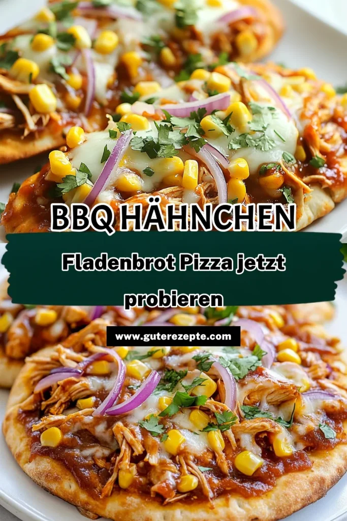 Entdecke unser leckeres BBQ-Hähnchen Pizza Rezept mit Fladenbrot! Diese einfache Pizza Einladung ist gesund und ideal für jede Gelegenheit. Verwandle dein Fladenbrot in eine köstliche BBQ-Pizza mit Hähnchen, Mozzarella und frischem Gemüse. Perfekt für ein schnelles Abendessen oder Party-Snack. Lass dir dieses einfache Fladenbrot Rezept nicht entgehen! Jetzt ausprobieren und genießen! #BBQHähnchenPizza #FladenbrotRezept #EinfachePizzaRezepte #GesundeBBQPizza