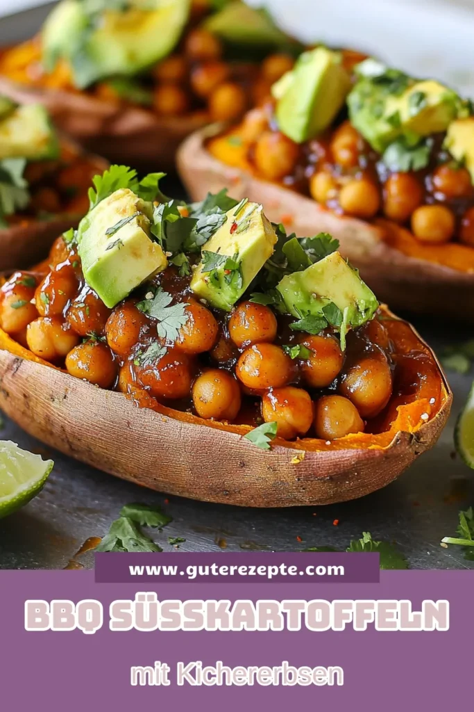 Entdecken Sie dieses köstliche Rezept für BBQ gefüllte Süßkartoffeln, perfekt für ein gesundes Dinner! Diese veganen Süßkartoffeln sind mit würzigen Kichererbsen gefüllt und mit Avocado und frischem Koriander garniert. Probieren Sie unser einfaches Kichererbsen Rezept und genießen Sie gesunde BBQ Rezepte, die garantiert überzeugen. Klicken Sie auf Speichern für mehr inspirierende Ideen! #BBQRezepte #VeganeErnährung #GesundeRezepte #Süßkartoffeln