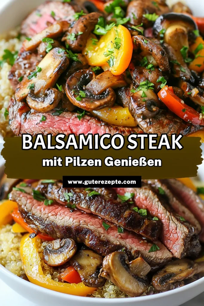 Entdecke unsere köstlichen Balsamico-Pilz-Steak-Bowls, perfekt für ein gesundes und schmackhaftes Essen! Dieses Flanksteak Rezept vereint zartes Steak, gemischte Pilze und frisches Gemüse auf einer Basis aus Quinoa. Ideal für alle, die gesunde Steak Bowls lieben. Lass dich von diesen Pilz-Balsamico-Gerichten inspirieren und kreiere dein eigenes Meisterwerk. Probiere es jetzt aus und teile deine Kreationen! #BalsamicoPilzSteakBowls #GesundeSteakBowls #QuinoaBowls #PilzGerichte