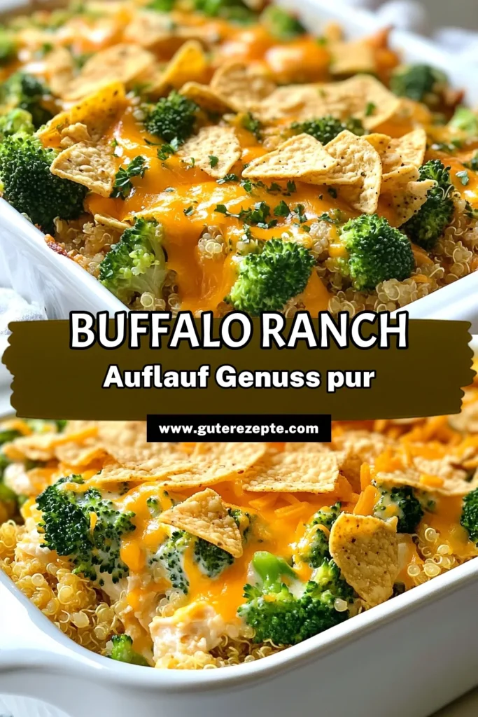 Entdecken Sie dieses köstliche Buffalo Ranch Hühnchen Auflauf Rezept, perfekt für ein einfaches Abendessen! Dieser scharfe Käserezept kombiniert zartes Huhn, nahrhaftes Quinoa und cremige Ranch-Sauce zu einem gesunden Auflaufrezepte. Ideal für die ganze Familie! Bereiten Sie diesen Quinoa Hühnchen Auflauf in nur 45 Minuten zu und genießen Sie ein geschmackvolles Gericht. Speichern Sie das Rezept und probieren Sie es aus! #BuffaloRanch #Hühnchenauflauf #GesundeRezepte #EinfachKochen