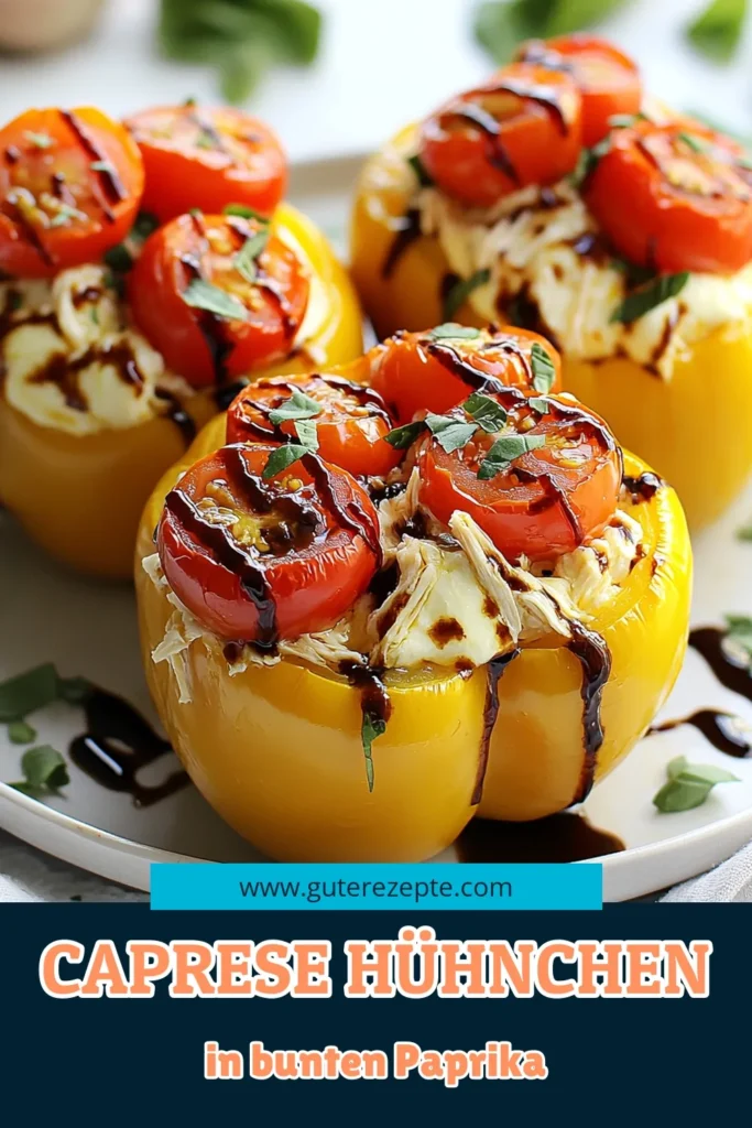 Entdecken Sie unser köstliches Rezept für Caprese Hühnchen gefüllte Paprika! Diese gesunden Hühnchen Gerichte sind perfekt für eine einfache Abendmahlzeit und kombinieren frische Zutaten auf eine italienische Art. Mit einer einfachen Paprika Füllung aus Hühnchen, Kirschtomaten und Mozzarella sind sie nicht nur lecker, sondern auch nahrhaft. Probieren Sie es aus und speichern Sie das Rezept! #CapreseHühnchen #gefülltePaprikaRezept #gesundeGerichte #italienischeKüche
