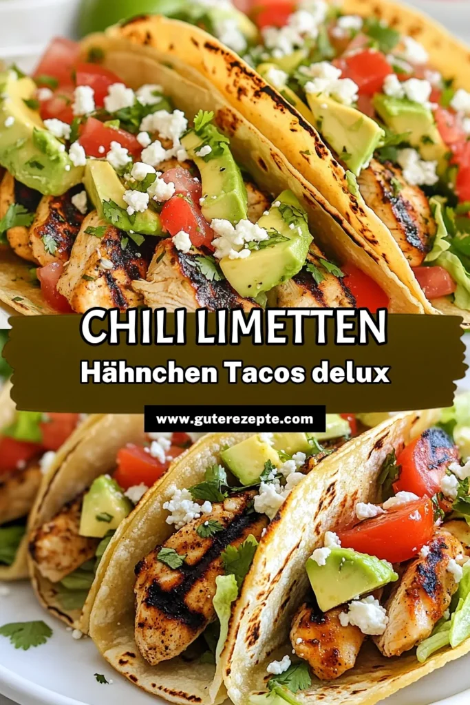 Entdecke dieses leckere Chili Lime Hähnchen Tacos Rezept einfach zubereitet! Die Kombination aus würzigem Hähnchen mit frischem Limettensaft macht diese mexikanischen Tacos unwiderstehlich. Du wirst die Aromen von Hähnchen Tacos mit Limette lieben. Perfekt für ein schnelles Abendessen oder die nächste Feier! Probiere es aus und lass dich begeistern! Speichere dir jetzt das Rezept! #ChiliLimeHähnchenTacos #TacosRezeptEinfach #WürzigeTacosRezept #MexikanischeTacos