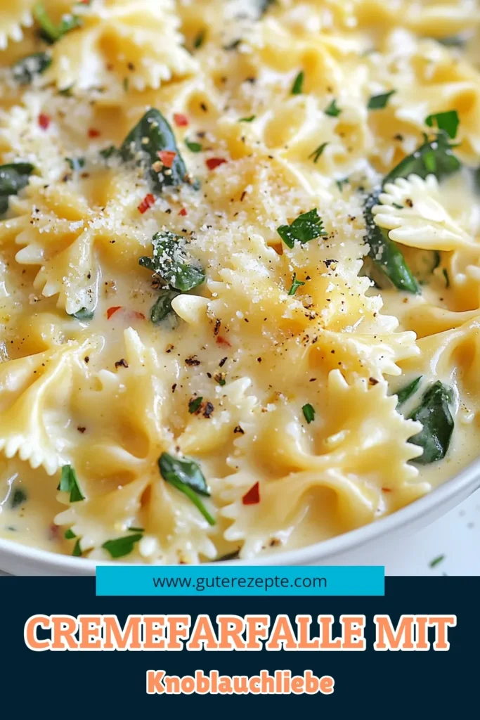 Entdecke dieses köstliche Farfalle Rezept: cremige Knoblauch-Farfalle mit Spinat! Diese schnelle Pasta Rezept vereint Aromen von Knoblauch und Parmesan in einer wunderbar cremigen Sauce. Perfekt für ein schnelles Abendessen oder italienische Pasta Gerichte, die alle beeindrucken. Probiere es aus und genieße eine herzhafte Mahlzeit! Speichere das Rezept für später! #CremigeKnoblauchFarfalle #FarfalleRezept #PastaMitSpinat #SchnellePastaRezepte