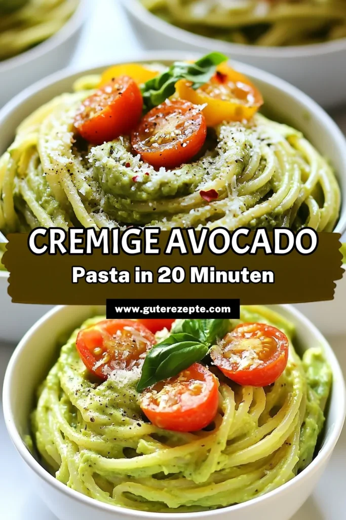 Entdecken Sie das Rezept für cremige Avocado Pasta, ein köstliches und einfaches Nudelgericht, das Sie lieben werden! Diese vegane Pasta bringt gesunde Pasta Ideen auf den Tisch und punktet mit einer zarten Avocado Sauce. Perfekt für schnelle Abendessen oder Gäste. Verwöhnen Sie Ihre Geschmacksknospen - probieren Sie dieses Avocado Sauce Rezept aus und genießen Sie ein unverwechselbares Geschmackserlebnis! Pinnen Sie jetzt und lassen Sie sich inspirieren! #CremigeAvocadoPasta #VeganePastaRezepte #EinfacheNudelgerichte #GesundePastaIdeen