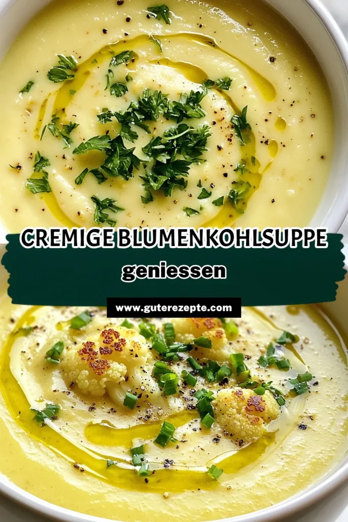 Entdecken Sie unser einfaches Rezept für cremige Blumenkohlsuppe, die perfekt für jede Jahreszeit ist! Diese geröstete Blumenkohlsuppe mit Kokosmilch ist nicht nur vegan, sondern auch ein Highlight gesunder Suppenrezepte. Mit aromatischem Blumenkohl und Gewürzen ist sie cremig und lecker. Versuchen Sie es selbst und genießen Sie eine gesunde Mahlzeit! Teilen Sie Ihr Ergebnis und speichern Sie dieses Rezept für später. #CremigeBlumenkohlsuppe #VeganeSuppe #GesundeRezepte #BlumenkohlSuppe