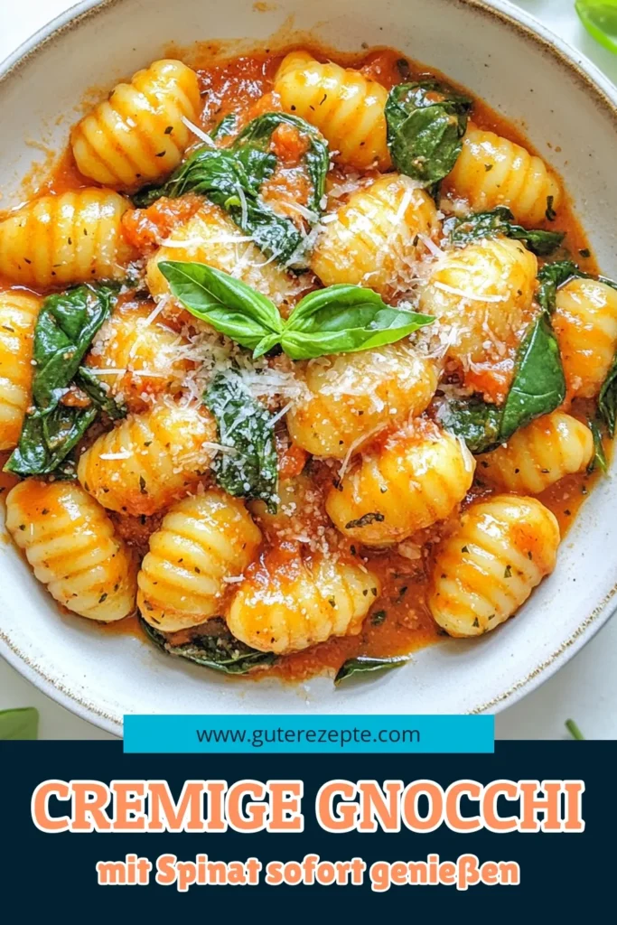Entdecken Sie dieses köstliche Rezept für cremige Tomaten-Spinat-Gnocchi! Perfekt für ein schnelles Abendessen, kombiniert dieses italienische Nudelgericht zarte Gnocchi mit frischem Spinat und einer samtigen Tomatensauce. Ideal für Liebhaber vegetarischer Pasta-Rezepte! Probieren Sie es jetzt aus und genießen Sie einen herzhaften Genuss in nur 30 Minuten. Speichern Sie dieses Rezept für Ihre nächste Mahlzeit! #GnocchiMitSpinat #SchnelleGnocchiRezepte #CremigeTomatenSpinatGnocchi #VegetarischePastaRezepte