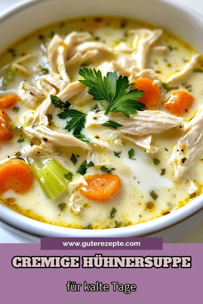 Entdecken Sie dieses einfache und gesunde Rezept für cremige Hühnersuppe! Unsere cremige Knoblauch-Kräuter-Suppe kombiniert zartes Hähnchen mit aromatischen Kräutern für ein herzhaftes Gericht. Perfekt für jede Jahreszeit, ist diese Hühnersuppe Rezept schnell zubereitet und ideal für die ganze Familie. Probieren Sie es aus und genießen Sie die Aromen! Speichern Sie dieses Rezept für Ihre nächsten Kochabenteuer! #Hühnersuppe #GesundeKüche #EinfacheRezepte #SuppeDelight