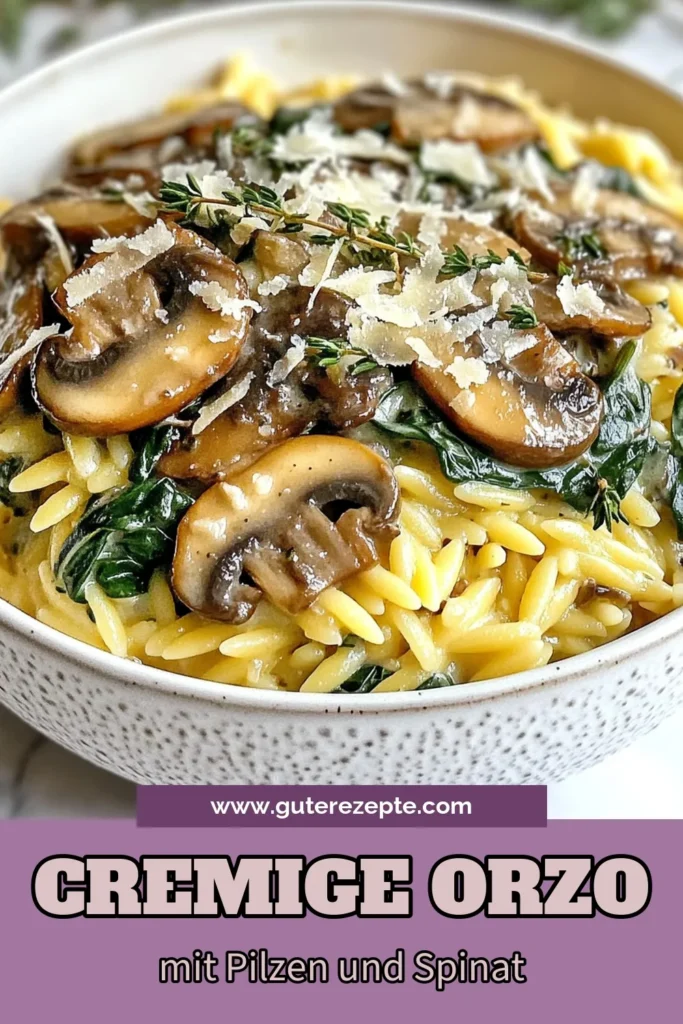Entdecke unser köstliches Rezept für cremige Pilz-Spinat-Orzo! Dieses einfach zuzubereitende vegane Orzo Gericht vereint die Aromen von frischen Spinat und zarten Pilzen. Perfekt für eine schnelle Mahlzeit, die jeden begeistert! Mit nur 30 Minuten Zubereitungszeit ist dieses Orzo Rezept mit Pilzen ideal für stressige Tage. Probiere es aus und genieße cremige Pasta Rezepte auf eine neue Art! Speichere es dir! #PilzSpinatOrzo #VeganeRezepte #SchnelleRezepte #CremigePasta