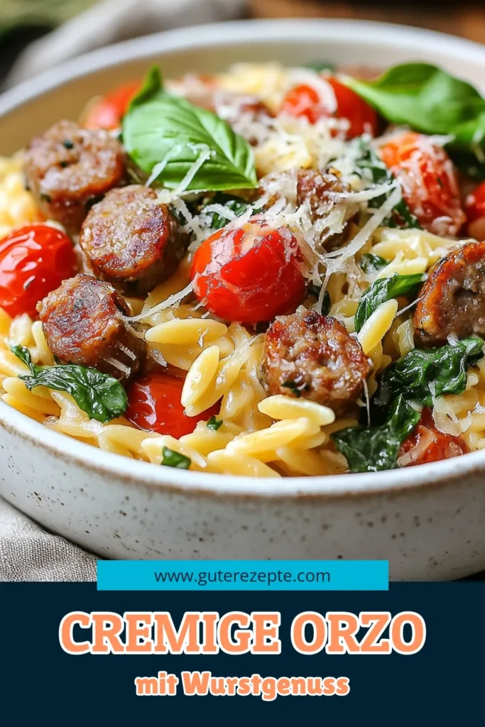 Entdecken Sie dieses köstliche Rezept für cremige Orzo mit Wurst – ein wahres toskanisches Highlight! Diese cremigen Orzo Nudeln mit würziger italienischer Wurst, frischen Tomaten und Spinat sind perfekt für ein schnelles Abendessen. Einfach zuzubereiten, vereint dieses italienische Wurstgericht die besten Aromen der Toskanischen Küche. Probieren Sie es noch heute aus und verwandeln Sie Ihr Abendessen! #CremigeOrzoMitWurst #ToskanaRezepte #EinfachePastaRezepte #OrzoNudelnRezept