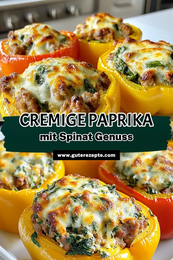 Entdecken Sie unser cremiges gefüllte Paprika Rezept mit Spinat und italienischer Wurstfüllung! Diese gesunden Paprika Rezepte sind nicht nur lecker, sondern auch einfach zuzubereiten. Genießen Sie überbackene Paprika mit Käse, die alle begeistern werden. Perfekt für ein schnelles Abendessen oder als herzhaftes Familiengericht. Lassen Sie sich diese köstliche Kombination nicht entgehen und speichern Sie das Rezept! #CremigeGefülltePaprika #SpinatWurstRezept #GesundePaprikaRezepte #ÜberbackenePaprikaMitKäse