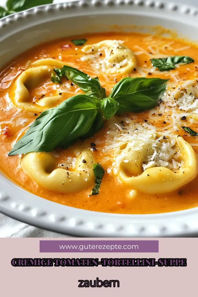 Entdecken Sie unser köstliches Rezept für eine Cremige Tomatensuppe mit Tortellini – perfekt für eine schnelle Suppe mit Tortellini! Diese italienische Tomatensuppe ist nicht nur einfach zuzubereiten, sondern auch ein echtes Highlight für leidenschaftliche Fans vegetarischer Suppenrezepte. Ideal für alle, die schnelle und gesunde Gerichte schätzen. Jetzt ausprobieren und genießen! #CremigeTomatensuppe #TortelliniRezept #SchnelleSuppe #VegetarischeSuppenrezepte
