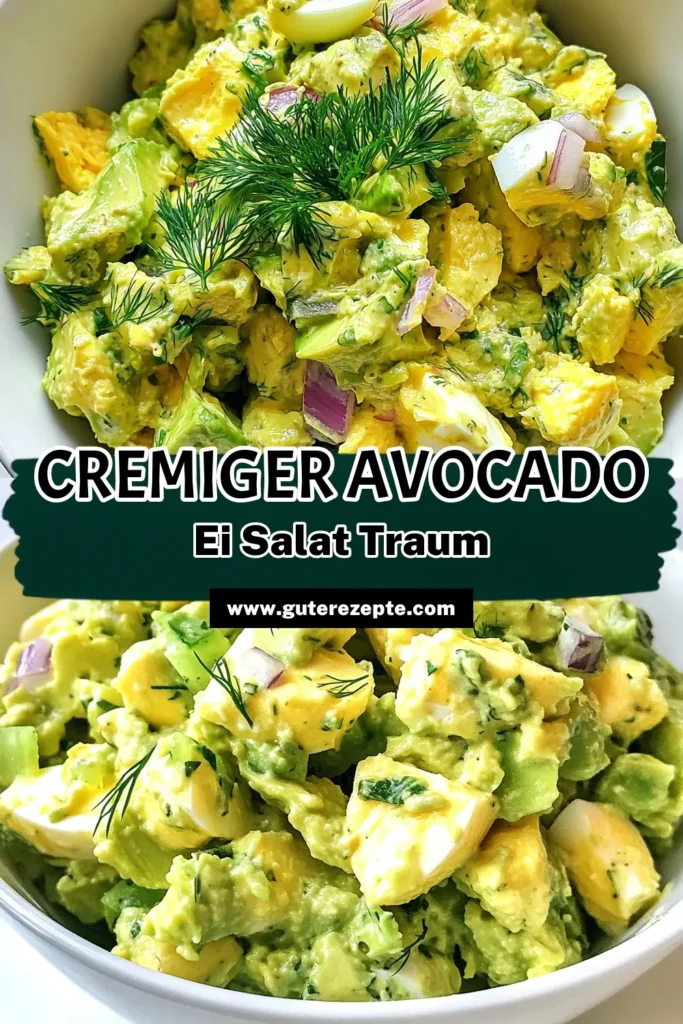 Entdecken Sie unseren köstlichen, cremigen Avocado-Ei-Salat! Dieses gesunde Salatrezept kombiniert reife Avocado und hartgekochte Eier, perfekt für einen eiweißreichen Snack. Mit griechischem Joghurt wird er besonders samtig. Ideal für Lunch oder als Party-Hit. Bereiten Sie ihn in nur 30 Minuten zu und genießen Sie ein erfrischendes Gericht. Speichern Sie sich dieses Rezept jetzt und probieren Sie es aus! #AvocadoEiSalat #CremigerAvocadoSalat #GesundeSalatrezepte #EiweißreicherSnack