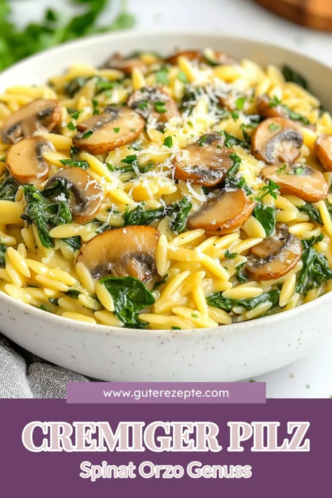 Entdecke dieses köstliche Orzo-Nudeln Rezept für cremigen Pilz-Spinat-Orzo! Perfekt für ein schnelles Abendessen, kombiniert es zarte Champignons und frischen Spinat zu einem verführerischen, veganen Orzo-Pasta Gericht. Mit einfachen Zutaten und einer Zubereitungszeit von nur 30 Minuten ist es das ideale Gericht für jeden Pasta-Liebhaber. Speichere dir dieses einfache Pasta-Rezept und verwöhne deine Familie! #PastaRezepte #VeganeRezepte #OrzoRezept #EinfacheGerichte