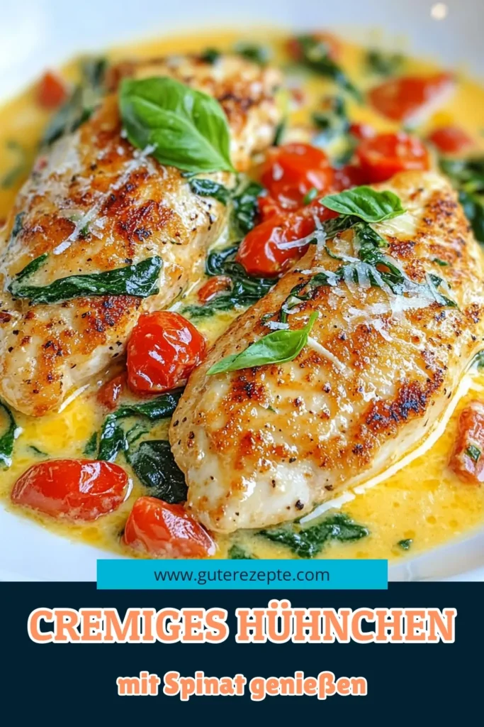 Entdecke das cremige Tomaten-Spinat-Hühnchen, ein köstliches Hähnchenbrustfilet Rezept, das nicht nur schnell zuzubereiten ist, sondern auch perfekt zu gesunden Spinatgerichten passt. Dieses italienische Hühnchen Rezept vereint frischen Spinat mit einer cremigen Tomatensauce und ist ideal für schnelle Hühnchenrezepte. Lass dich inspirieren und speichere dir dieses einfache Rezept für dein nächstes Abendessen! #Hühnchen #GesundesEssen #SchnelleRezepte #ItalienischeKüche