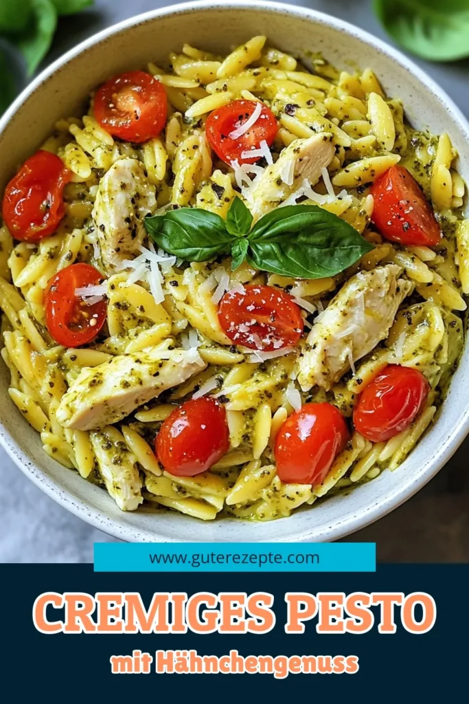 Entdecken Sie unser cremiges Pesto-Orzo mit Hähnchen, das perfekte Hähnchen Pasta Rezept für eine schnelle und einfache Mahlzeit. Dieses italienische Gericht mit Hähnchen vereint Orzo mit Basilikum-Pesto, Kirschtomaten und Parmesan zu einem köstlichen, sättigenden Gericht. Ideal für jede Woche! Holen Sie sich das Rezept und bringen Sie italienisches Flair in Ihre Küche. Speichern Sie es für später! #PestoOrzo #Hähnchen #schnellundeinfach #italienischesGericht