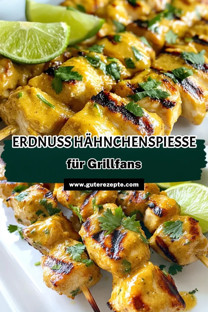 Entdecken Sie unser leckeres Rezept für Erdnuss-Limetten-Hähnchenspieße! Diese asiatischen Grillrezepte sind einfach und perfekt für Grillabende. Die glutenfreien Spieße werden mit einer köstlichen Erdnussbutter Marinade mariniert, die jedem Bissen einen frischen und würzigen Geschmack verleiht. Ideal für die ganze Familie! Probieren Sie es aus und speichern Sie das Rezept! #ErdnussLimettenHähnchenspieße #HähnchenspießeRezept #AsiatischeGrillrezepte #GlutenfreieSpieße