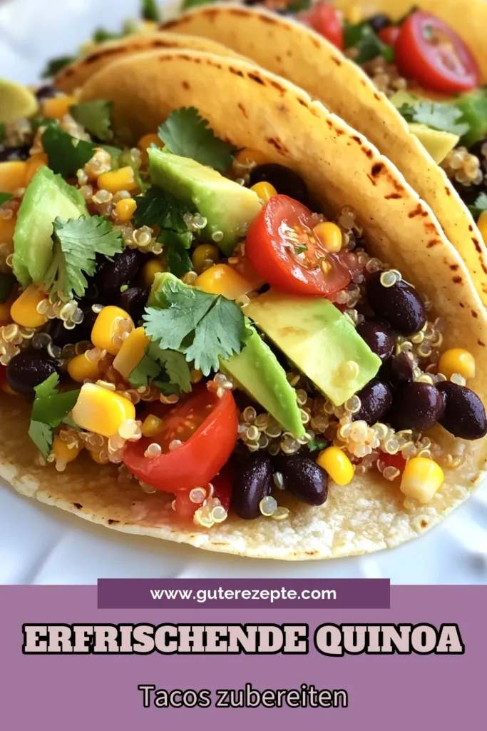 Entdecke unser köstliches Quinoa Tacos Rezept! Diese Zesty Lime Tacos sind perfekt für ein gesundes Abendessen. Mit einer veganen Quinoa Füllung, schwarzen Bohnen, frischem Gemüse und Avocado sind diese gesunden Tacos mit Avocado ein Genuss für jeden. Mit dem Limetten Tacos Rezept zauberst du im Handumdrehen ein würziges Gericht. Probiere sie gleich aus und teile dein Ergebnis! #QuinoaTacos #VeganeRezepte #GesundeTacos #LimettenTacos