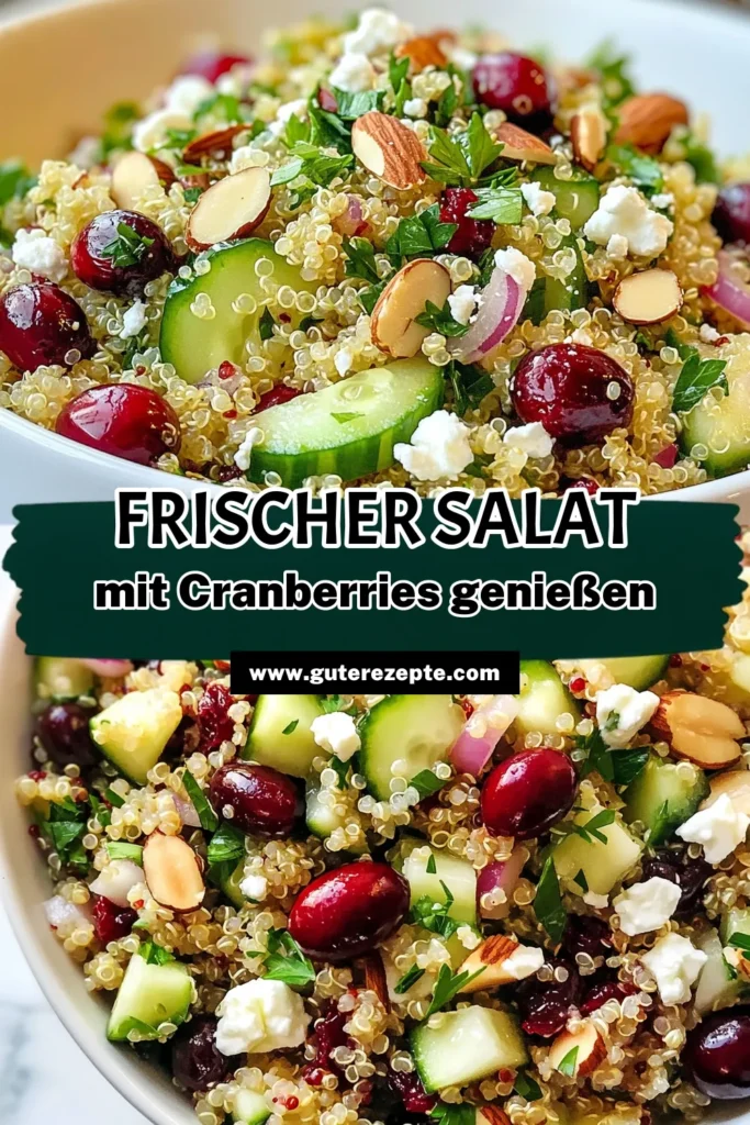 Entdecken Sie unser einfaches Rezept für einen köstlichen Cranberry Mandel Quinoa Salat! Ideal für ein gesundes Mittagessen oder als Beilage. Dieser vegetarische Salat mit Cranberries und gerösteten Mandeln ist nicht nur nahrhaft, sondern auch eine der besten gesunden Quinoa Rezepte. Perfekt für jeden Anlass! Probieren Sie es aus und speichern Sie das Rezept für später! #CranberryMandelQuinoaSalat #GesundeQuinoaRezepte #EinfachesSalatRezept #VegetarischerSalat