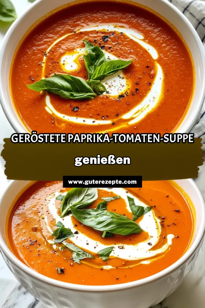 Entdecken Sie das Rezept für eine köstliche geröstete Paprika-Tomaten-Suppe, die einfach zuzubereiten ist und perfekt für Veganer ist. Diese cremige Paprikasuppe kombiniert gesunde Zutaten für eine nahrhafte Mahlzeit. Ideal, wenn Sie einfache Suppenrezepte suchen. Genießen Sie ein gesundes Tomatensuppen Rezept, das die ganze Familie begeistert. Jetzt ausprobieren und speichern! #geröstetePaprika #veganeSuppe #Suppenrezepte #gesundessen