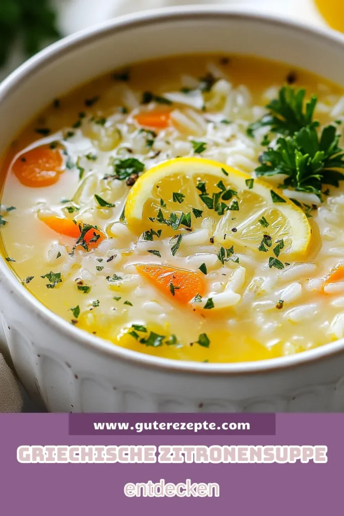 Entdecke die erfrischende griechische Zitronen-Reis-Suppe, ein einfaches und gesundes Rezept aus der mediterranen Küche! Mit Jasminreis, Eiern und Zitrone ist diese gesunde Suppe perfekt für jede Gelegenheit. Lass dir dieses gesunde Suppenrezept nicht entgehen! Koche mit frischen Zutaten und genieße den volle Geschmack. Speichere dir dieses Rezept für später! #griechischeZitronenReisSuppe #JasminreisRezept #gesundeSuppenrezepte #mediterraneKüche