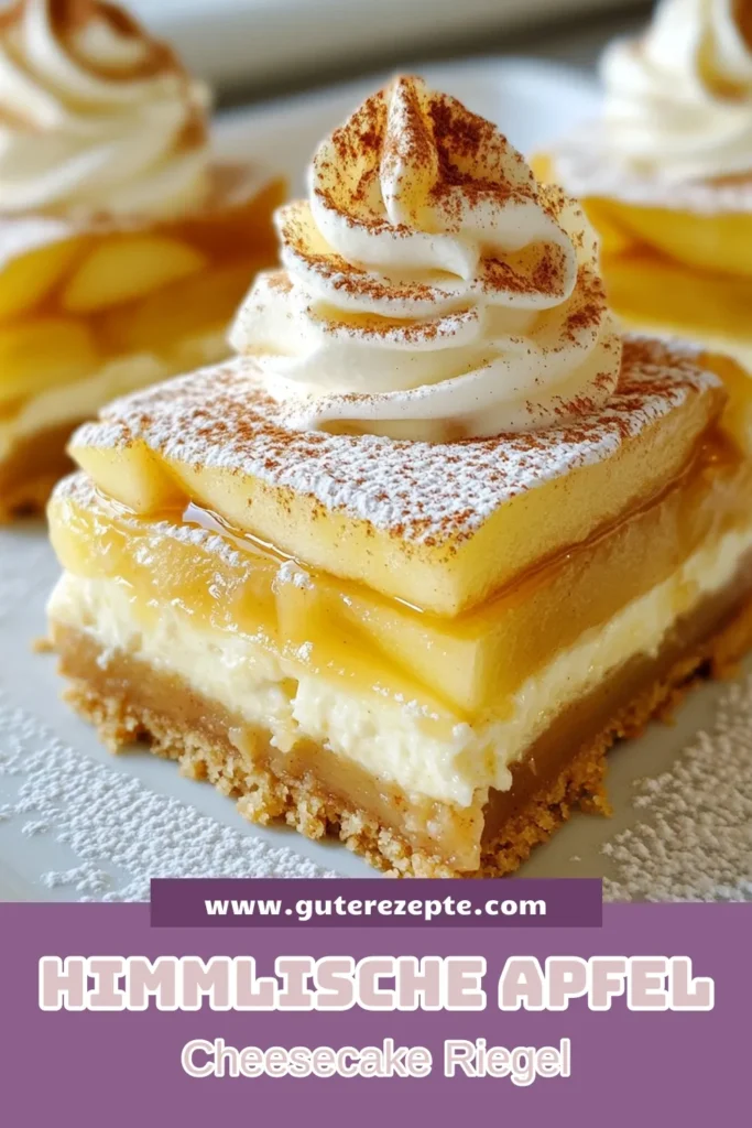Entdecke das köstliche Rezept für Apfelkuchen Cheesecake Riegel, eine perfekte Kombination aus klassischem Apfel Cheesecake Dessert und leichtem Käsekuchen. Diese einfachen Cheesecake Riegel sind ideal für jede Gelegenheit. Mit einem knusprigen Boden aus Graham-Crackern, einer cremigen Frischkäsefüllung und gesunden Äpfeln werden sie garantiert zum Hit! Probiere jetzt unser Rezept für Apfelkuchen Riegel und teile deine Ergebnisse! #KäsekuchenRiegelRezept #EinfacheCheesecakeRiegel #ApfelCheesecake #ApfelkuchenCheesecakeRiegel