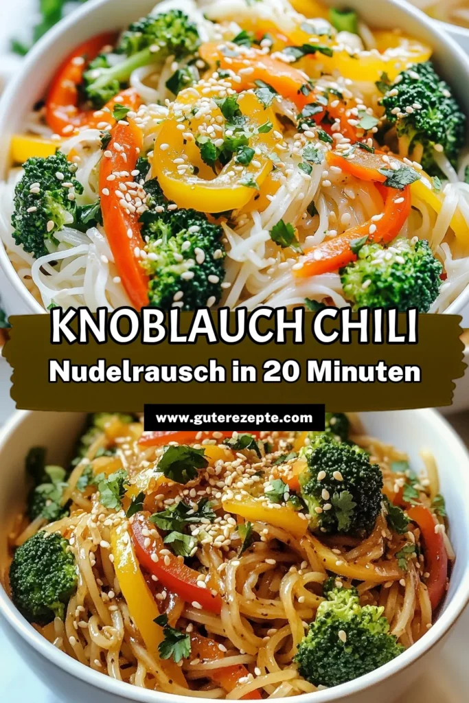 Entdecken Sie die köstlichen Chili Knoblauch Nudeln! Dieses einfache Reisnudeln Rezept bringt asiatische Nudelgerichte auf ein neues Level mit einer scharfen Nudelpfanne voller frischem Gemüse wie Brokkoli und Paprika. Ideal für ein schnelles Abendessen! Holen Sie sich die Schritte zum perfekten Gemüse Nudel Bowl und probieren Sie es selbst aus. Speichern Sie dieses Rezept für später! #ChiliKnoblauchNudeln #ReisnudelnRezept #asiatischeNudelgerichte #scharfeNudelpfanne