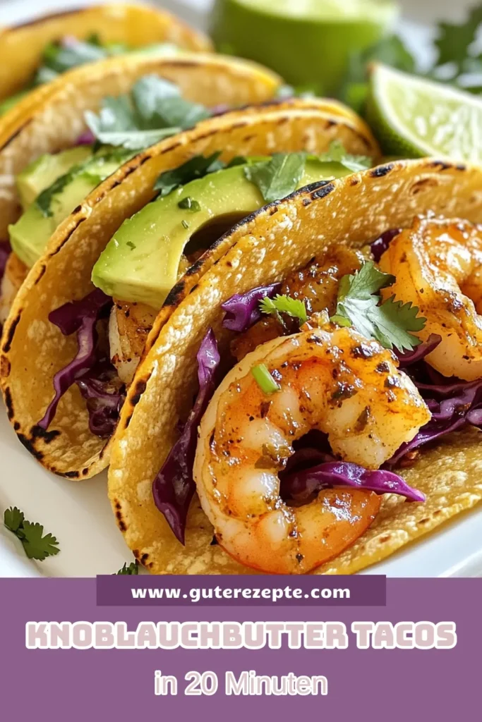 Entdecken Sie dieses köstliche Rezept für Knoblauchbutter Garnelen Tacos! Diese schnellen Tacos Rezept sind perfekt für eine schmackhafte Mahlzeit. Genießen Sie die Garnelen mit frischer Avocado und knusprigen Maistortillas. Ideal für jedes Abendessen oder eine Party! Bereiten Sie diese Garnelen Rezept ganz einfach in 20 Minuten zu und beeindrucken Sie Ihre Gäste! Speichern Sie das Rezept und probieren Sie es aus! #GarnelenTacos #TacosmitAvocado #schnelleTacosRezept #KnoblauchbutterGarnelen