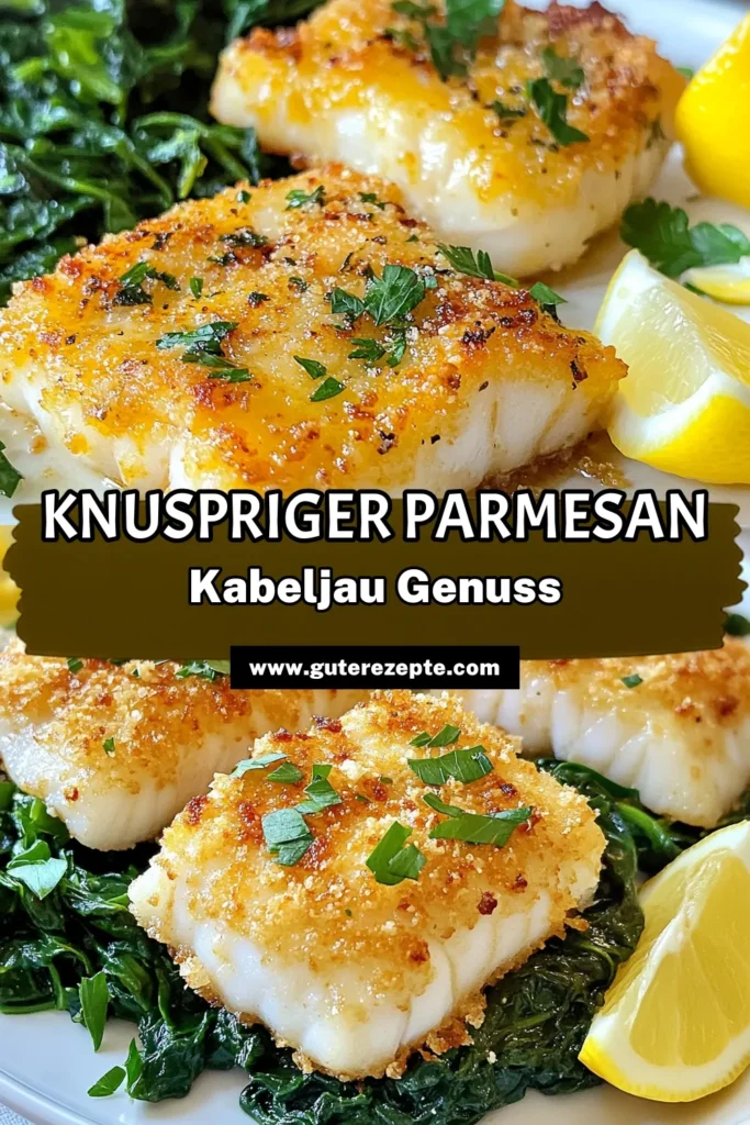 Entdecken Sie unser Rezept für Parmesan-Krusten-Kabeljau, eine köstliche Option für alle, die gesunde Fischgerichte lieben. Mit nur 25 Minuten Zubereitungszeit ist dieser Ofen-Kabeljau schnell und einfach zuzubereiten. Genießen Sie Kabeljau mit Parmesan, der jeder Mahlzeit das gewisse Etwas verleiht. Perfekt für Fischrezepte leicht und gesund. Probieren Sie es aus und speichern Sie das Rezept! #Fischrezepte #GesundeErnährung #OfenKabeljau #KabeljauMitParmesan