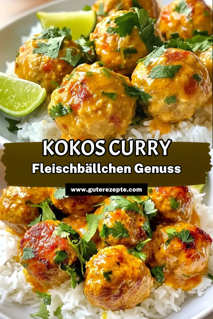 Entdecke das köstliche Rezept für Kokos-Curry-Fleischbällchen! Diese einfachen Currygerichte kombinieren zartes Hähnchenfleisch und aromatische Gewürze in einer cremigen Kokosmilchsauce. Perfekt für ein schnelles Abendessen und ideal für asiatische Fleischbällchen-Liebhaber. Probiere dieses leckere Hähnchenfleischbällchen Rezept noch heute aus! Teile deine Kreationen! #KokosCurry #Fleischbällchen #EinfacheRezepte #Kokosmilchrezepte