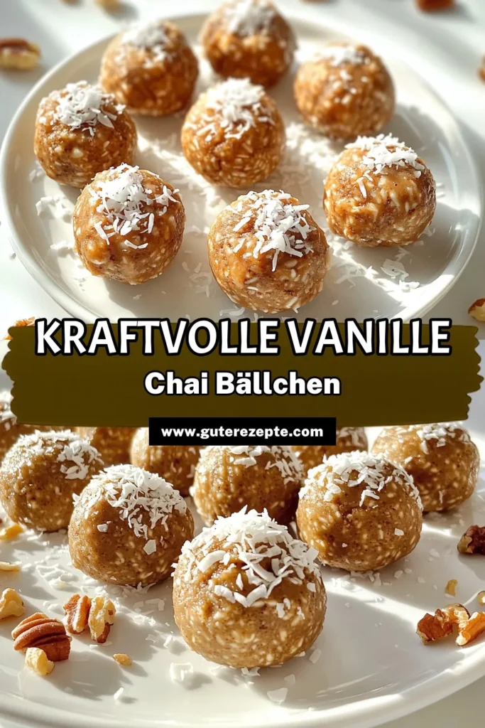 Entdecke das perfekte Snack-Rezept mit unseren köstlichen Vanille Chai Energie Bällchen! Diese gesunden Häppchen sind einfach zuzubereiten und voller Geschmack – ideal für zwischendurch oder nach dem Training. Mit Haferflocken, Nussbutter und aromatischen Gewürzen sind sie ein echter Genuss. Klicke jetzt, um das vollständige Rezept zu sehen und dir diese leckeren Energie Bällchen selbst zu zaubern! #VanilleChai #EnergieBällchen #GesundeSnacks #Rezeptideen