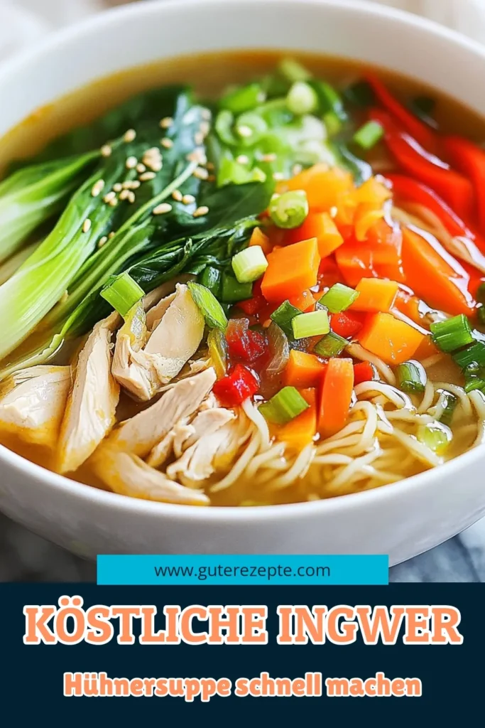 Diese gesunde Hühnersuppe Rezept vereint die Aromen von Sesam und Ingwer in einer herzerwärmenden Reisnudelsuppe mit Hähnchen. Unsere einfache und schnelle Rezept Hühnersuppe ist perfekt für kühle Tage. Mit zartem Hähnchen, frischem Gemüse und Reisnudeln ist diese asiatische Hühnersuppe ein Genuss. Probiere es aus und genieße den Geschmack! Jetzt Rezept speichern und ausprobieren! #Hühnersuppe #GesundeRezepte #AsiatischeKüche #SchnelleGerichte