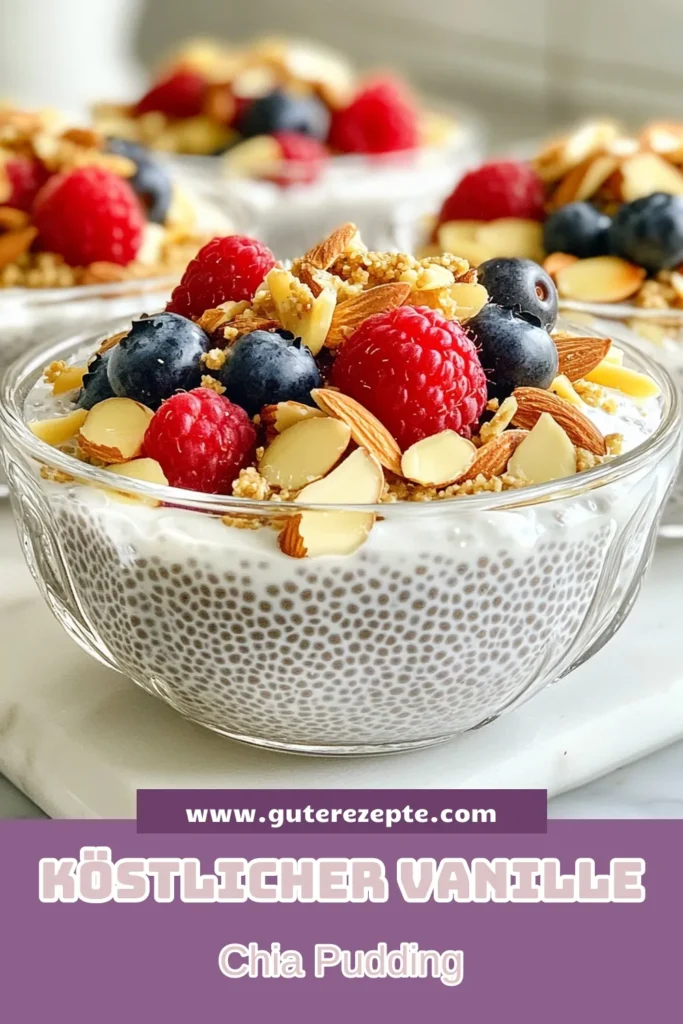 Entdecke unser einfaches Rezept für einen köstlichen Vanille-Mandel-Chiapudding! Dieser gesunde Chiapudding ist perfekt als veganes Dessert Rezept oder für schnelle Pudding Rezepte. Aus nur wenigen Zutaten wie Chiasamen und ungesüßter Mandelmilch zauberst du im Handumdrehen eine leckere Süßigkeit. Perfekt garniert mit frischen Beeren und Mandeln – ein Genuss! Probier es aus und speichere dir die Idee für später! #ChiasamenRezepte #VeganesDessert #GesunderChiapudding #SchnellePuddingRezepte