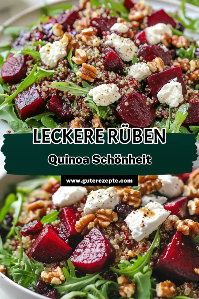 Entdecken Sie das köstliche Rezept für einen Rüben-Ziegenkäse-Salat mit Quinoa - ein perfektes Gericht für gesundheitsbewusste Genießer! Dieser geröstete Rüben-Salat kombiniert Quinoa, zarten Ziegenkäse und knackige Walnüsse zu einem erfrischenden, vegetarischen Quinoa-Gericht. Ideal für eine leichte Mahlzeit oder als Beilage. Probieren Sie dieses gesunde Salat-Rezept jetzt aus! #RübenZiegenkäseSalat #QuinoaRezept #GesundeSalate #VegetarischeGerichte