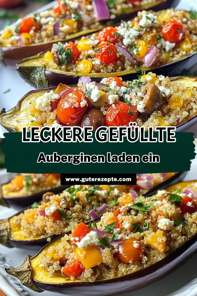 Entdecke dieses köstliche gefüllte Auberginen Rezept! Diese mediterranen Auberginen sind perfekt für eine gesunde vegetarische Ernährung. Fülle die Auberginen mit einer Mischung aus Quinoa, Kirschtomaten, Feta und Kalamata-Oliven für ein unwiderstehliches Gericht. Ideal für jede Gelegenheit! Probiere unser Feta Auberginen Rezept aus und genieße gesunde vegetarische Rezepte. Jetzt nachmachen und genießen! #gefuellteAuberginen #mediterraneAuberginen #QuinoaAuberginen #vegetarischeRezepte
