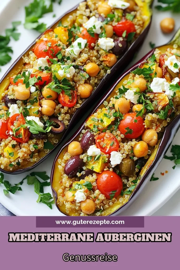Entdecken Sie dieses köstliche Rezept für gefüllte Auberginen! Diese mediterranen Auberginenrezepte mit Kichererbsen und Quinoa sind nicht nur vegan, sondern auch gesund und sättigend. Perfekt für ein schmackhaftes Abendessen oder als beeindruckende Beilage. Lassen Sie sich von diesem einfachen Rezept inspirieren und probieren Sie es aus! Speichern Sie es für Ihre nächste Mahlzeit. #gefüllteAuberginen #mediterraneAuberginenrezepte #vegangesundeRezepte #KichererbsenAuberginen