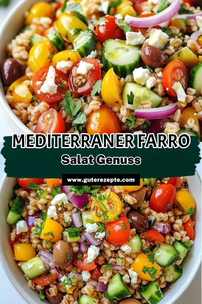 Entdecken Sie unser köstliches Farro-Salat Rezept für einen gesunden, mediterranen Salat! Dieser vegane Farro-Salat ist nicht nur nahrhaft, sondern auch einfach zuzubereiten. Mit frischen Zutaten wie Kirschtomaten, Gurken und Feta ist der Farro-Salat mit Feta perfekt für jede Gelegenheit. Genießen Sie die Aromen des Mittelmeers und bereiten Sie diesen gesunden Farro-Salat für Ihre nächste Mahlzeit zu. Jetzt unbedingt ausprobieren! #FarroSalatRezept #MediterranerSalat #GesunderFarroSalat #VeganerFarroSalat