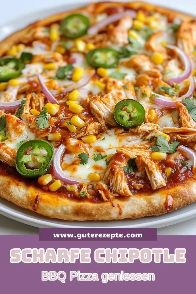 Entdecke das köstliche Rezept für Chipotle BBQ Hühnchen Pizza! Diese BBQ Pizza mit Hühnchen ist einfach zuzubereiten und perfekt für Pizzaabende. Mit einem leckeren Pizzateig Rezept, zerrupftem Hühnchen, scharfen Jalapeños und geschmolzenem Käse wird diese scharfe Hühnchen Pizza zum Hit. Hol dir die Schritte für ein schnelles und einfaches Pizza Rezept und genieße sie noch heute! #PizzaRezept #ChipotleBBQ #BBQPizza #einfachePizza