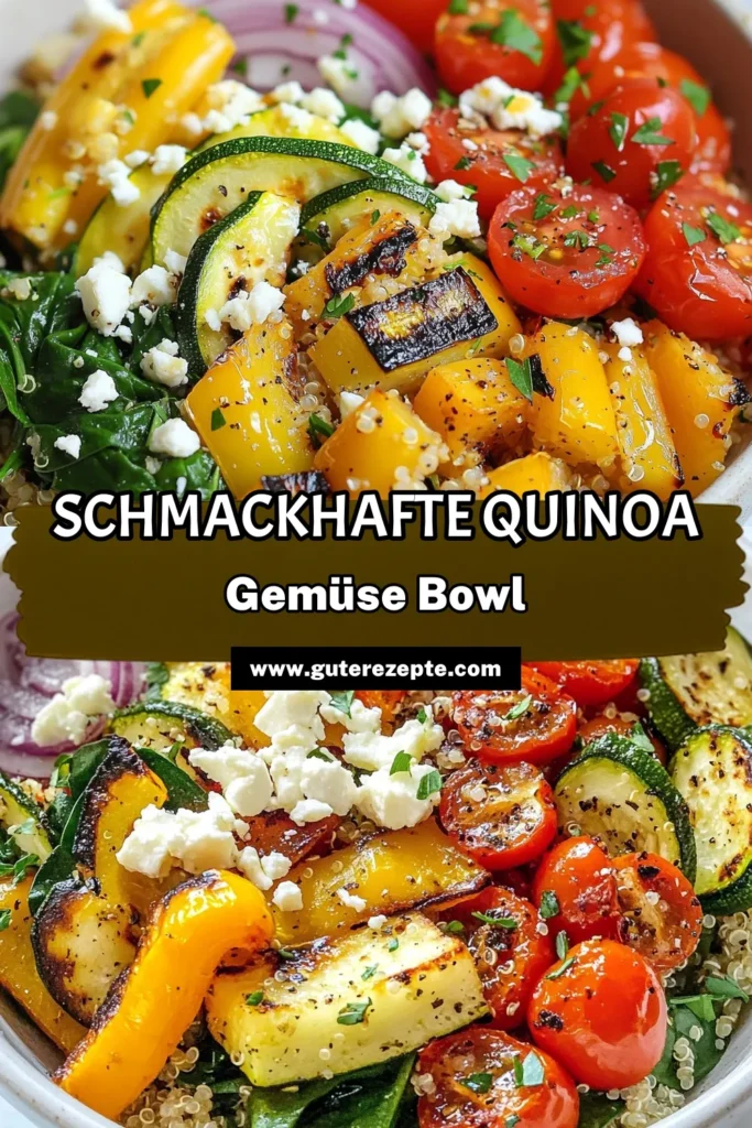 Entdecke die köstliche geröstete Gemüse-Quinoa-Schüssel! Dieses gesunde Quinoa Rezept ist perfekt für alle, die vegetarische Bowls lieben. Mit mediterranen Quinoa Gerichten liegst du voll im Trend. Die Mischung aus frischem Gemüse und zart gekochter Quinoa ist einfach unwiderstehlich. Probiere dieses einfache Gemüse Rezept aus und bring frische Ideen in deine Küche! Klicke jetzt für das vollständige Rezept! #gesundessen #quinoarezepte #vegetarisch #einfachgekocht