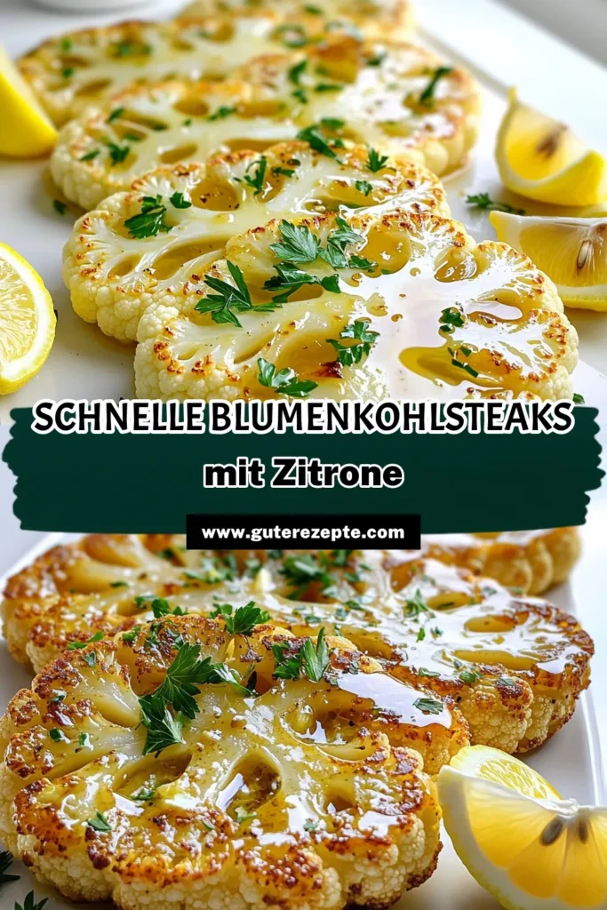 Entdecken Sie das köstliche Rezept für Zitronen-Knoblauch-Röstblumenkohlsteaks, das Ihr Gemüsegericht auf ein neues Level hebt! Mit einfachsten Zutaten wie frischem Blumenkohl, aromatischem Knoblauch und spritziger Zitrone kreieren Sie in nur 40 Minuten ein tolles Gericht. Ideal für Grillabende oder als gesunde Beilage. Klickt jetzt, um die vollständige Anleitung und viele weitere leckere Rezepte zu entdecken! #ZitronenKnoblauch #Blumenkohlsteaks #vegetarisch #GesundeErnährung