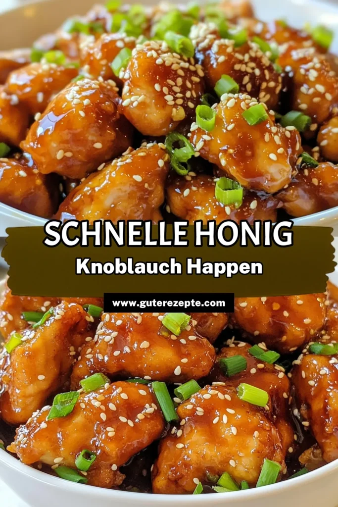 Koch dir mit unserem einfachen Hühnchenhäppchen Rezept köstliche Honig-Knoblauch-Hühnchen! Diese asiatischen Hühnchengerichte sind perfekt für jedes Dinner. Die Knoblauch-Honig Marinade sorgt für einen unwiderstehlichen Geschmack. Ideal für gesellige Abende oder als Snack! Probiere es aus und beeindrucke deine Familie und Freunde! Speichere das Rezept für später! #HonigKnoblauchHühnchen #Hühnchenhäppchen #asiatischesHühnchengericht #einfacheHühnchenrezepte