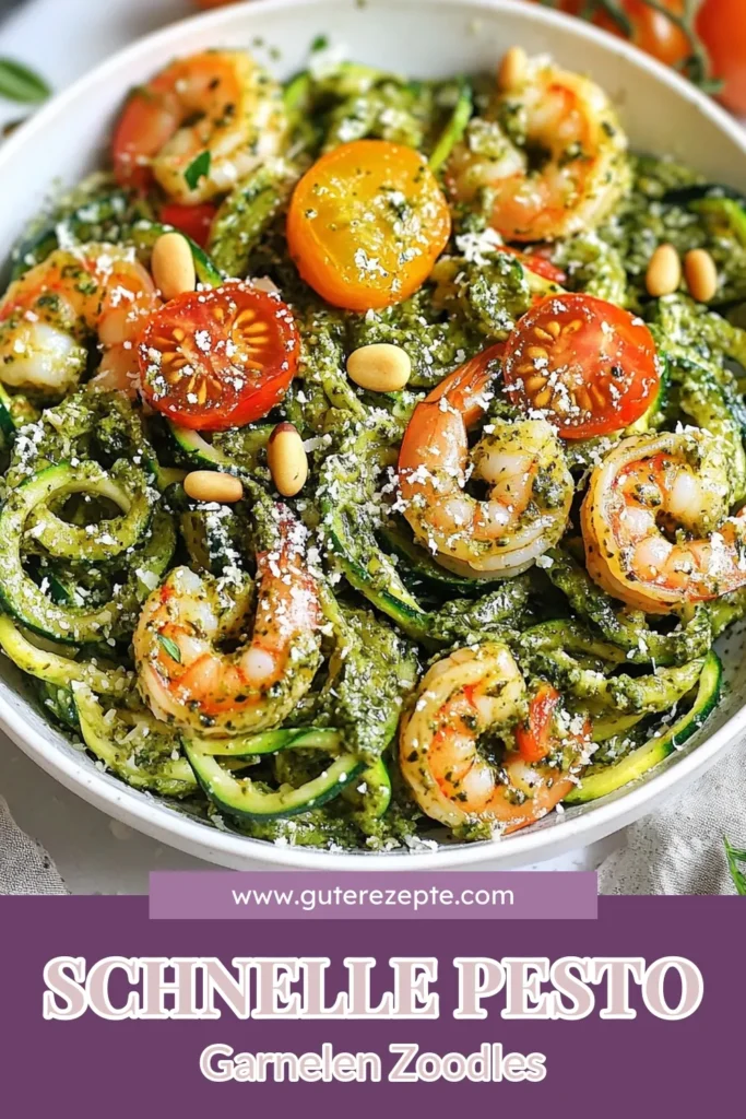 Entdecke dieses köstliche Pesto Garnelen Zoodles Rezept, das perfekt für ein schnelles und gesundes Abendessen ist! Mit frischen Zucchini als Zoodles und saftigen Garnelen, ist dieses Gericht nicht nur leicht zuzubereiten, sondern auch ideal für gesunde Garnelengerichte und Keto-Fans. Probiere unser schnelles Zucchini Rezept und genieße die Geschmackskombination von Pesto und Meeresfrüchten. Speichere dieses Rezept für deinen nächsten Kochabend! #PestoGarnelenZoodles #ZoodlesRezept #gesundeGarnelengerichte #KetoPestoRezept